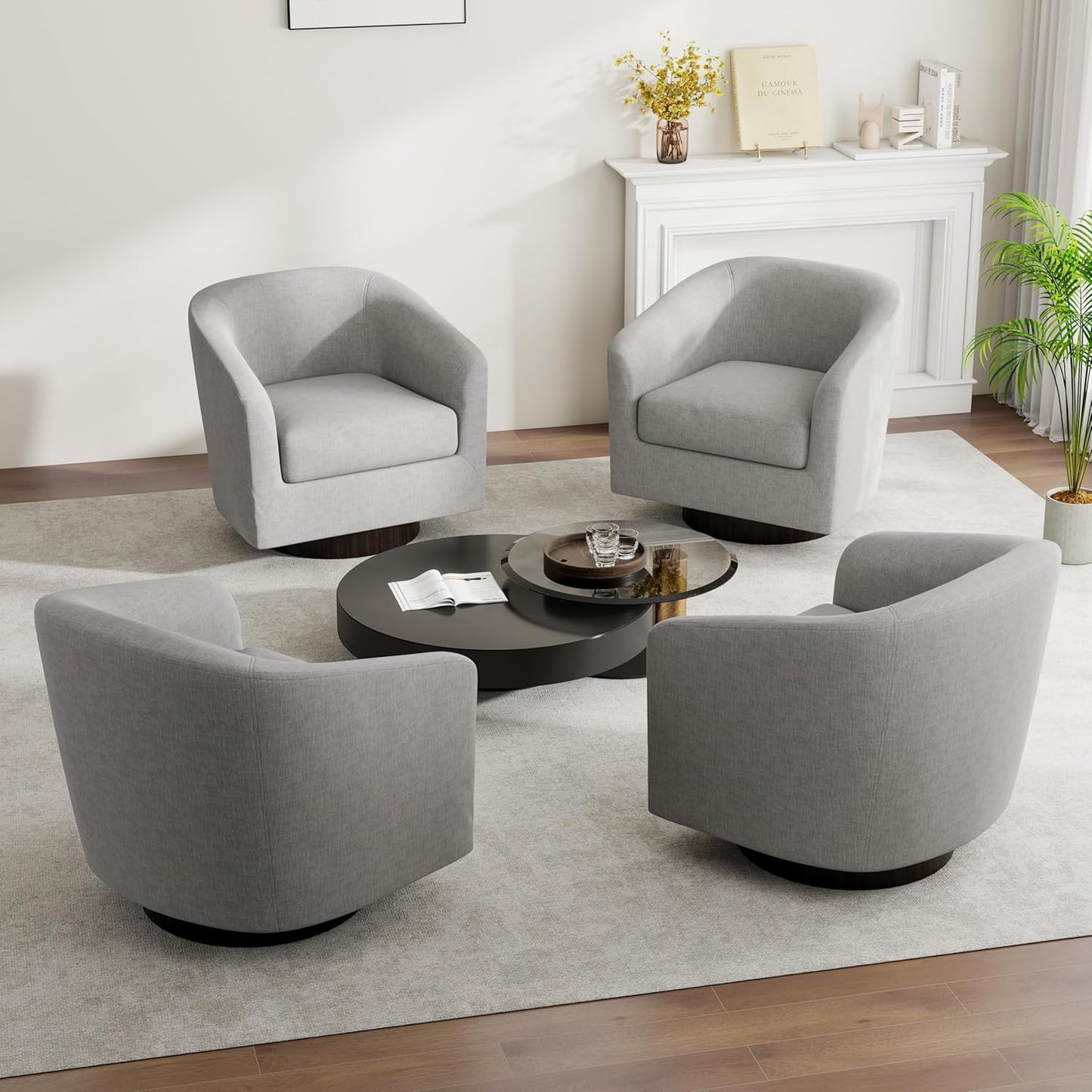 Swivel Barrel Accent Chair, Modern Round Linen Arm Chair for Living Room, Bedroom, Comfy Club Reading Chairs for Adults（Linen Fabric, Light Grey, Set of 4
