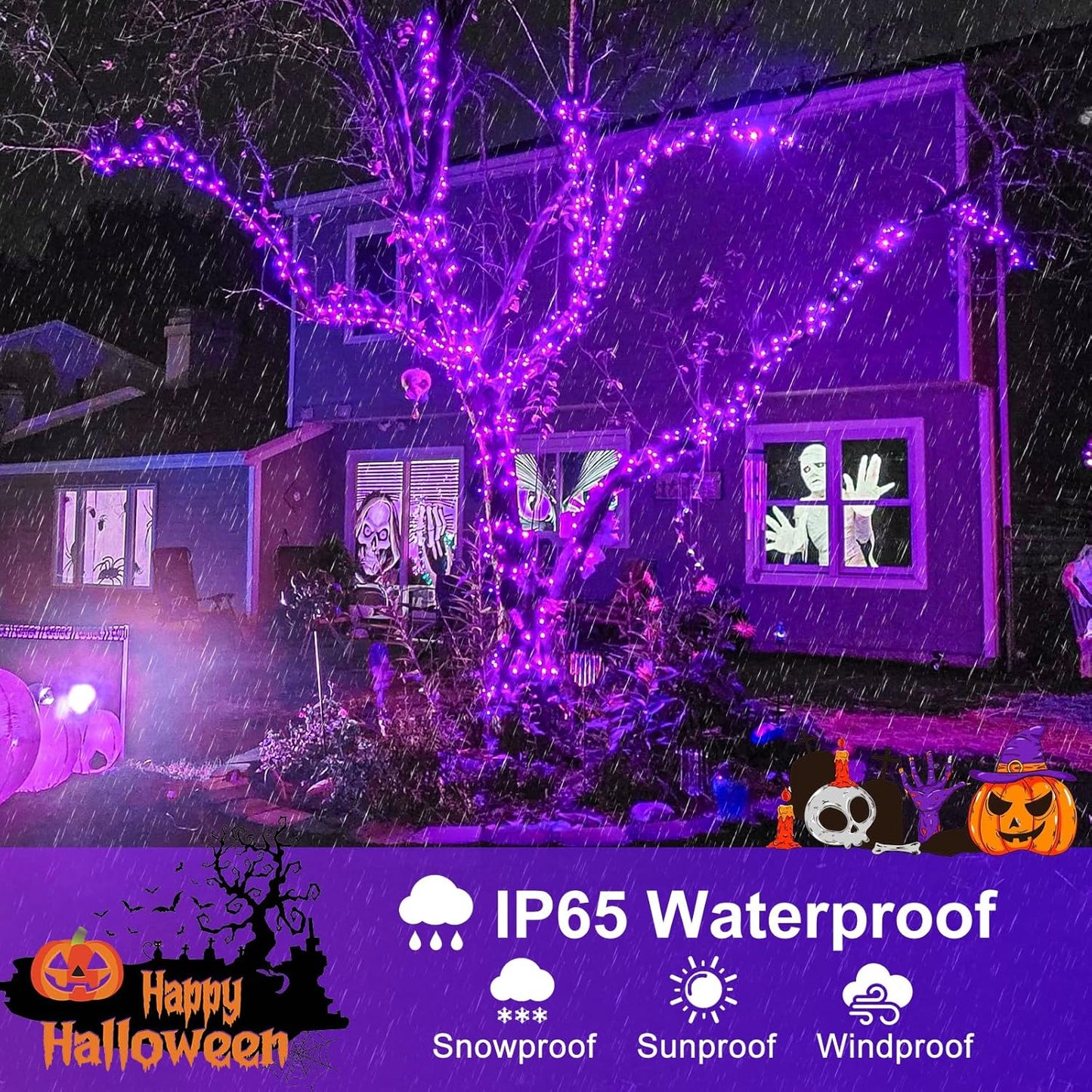 Purple Halloween Lights, 66FT 200 LED Halloween Lights Outdoor with 8 Modes Waterproof, Connectable String Light Indoor Green Wire for Tree Garden Patio Party Holiday Decorations