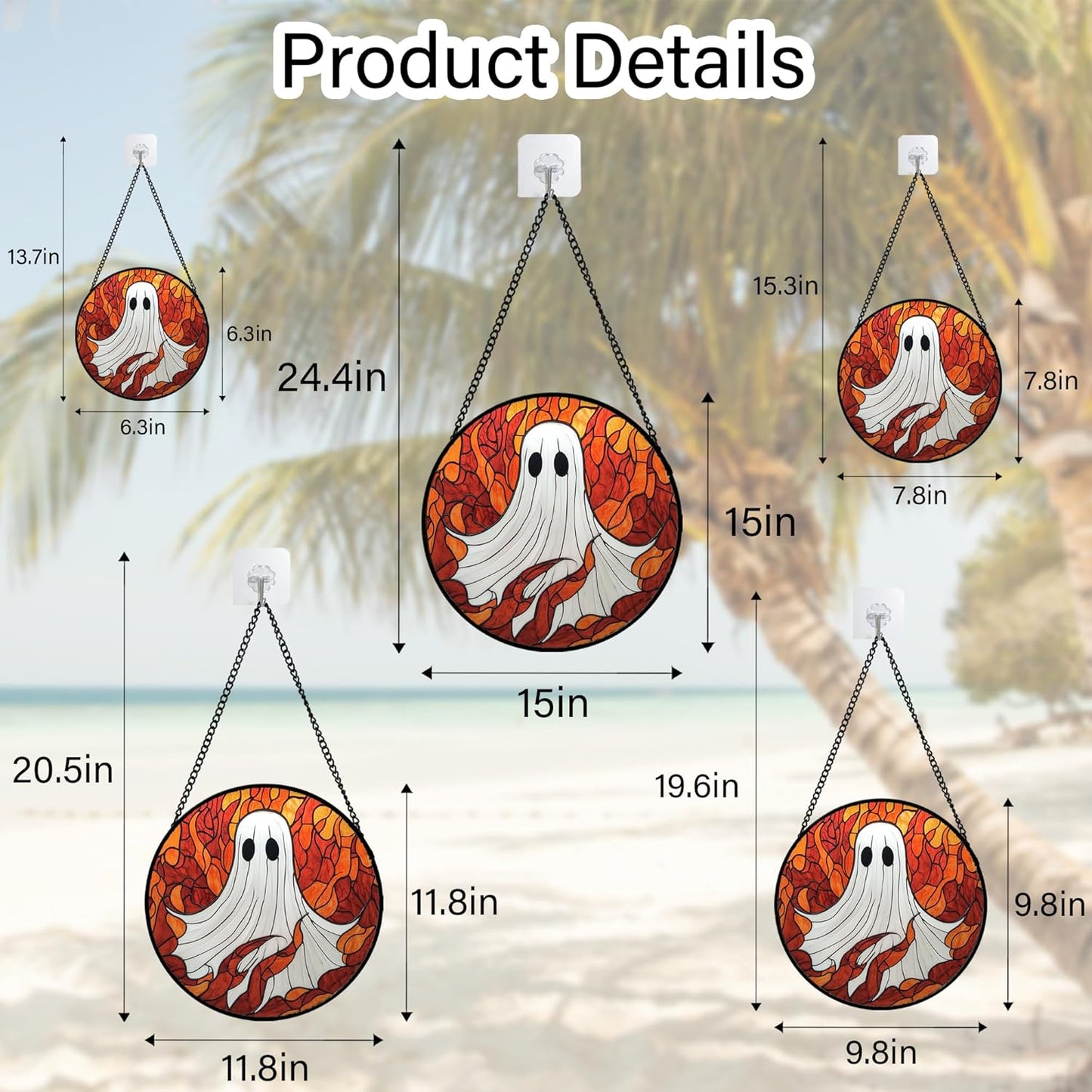 Stained Glass Window Hanging - Halloween Decorations White Ghost Orange Sky Suncatcher for Doors Garden Funny Spooky Sun Catchers Gothic Decor Horror Gifts for Women Men Friend Boy 15 in