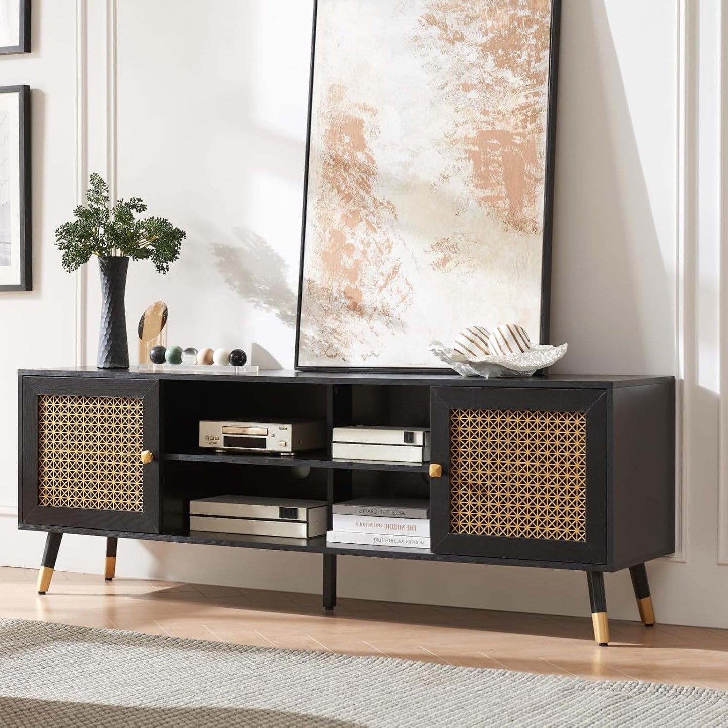JYED Mid Century Modern TV Stand and Console for TVs Up to 75" - Black Entertainment Center, 2 Gold Metal Mesh Doors & MDF Wood Grain, 15.8" D x 66" W x 23.5" H
