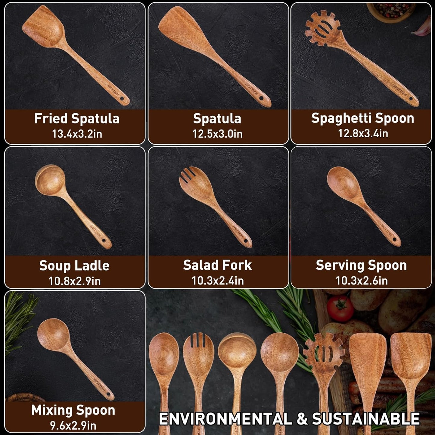 Wooden Utensil Set,WOTTISH 7Pcs Nonstick Wood Spatula,Wooden Kitchen Utensils Set Non Toxic,Wooden Spoons for Cooking（A07）