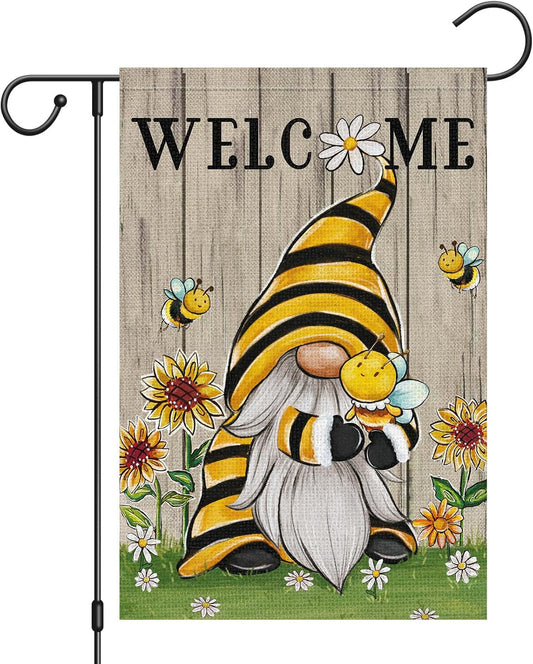 Welcome Summer Gnome Garden Flag Spring Summer Bee Sunflower Yard Flag 12x18 Double Sided Burlap Daisy House Flag for Rustic Seasonal Outside Outdoor House Decoration (ONLY FLAG)