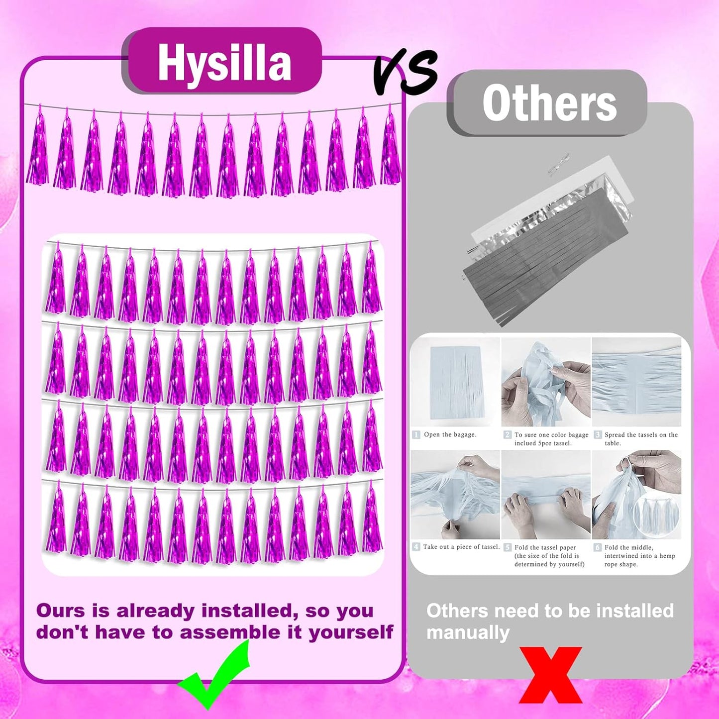 3P Fuchsia Foil Fringe Metallic Tassel Streamers Banner Tassel Garland for Parade Floats, Bachelorette, Wedding, Birthday, Halloween, Christmas, Bridal/Baby Shower Party Decorations