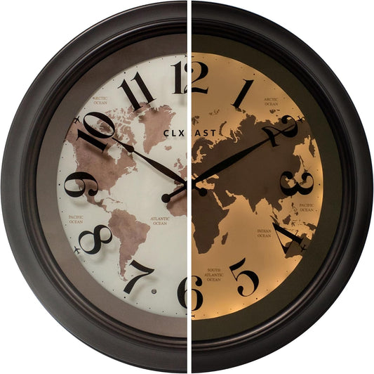 CLXEAST 18 Inch Illuminated Wall Clock with Smart LED Light Sensor, Large Modern World Map Wall Clocks for Living Room Decor,Oil Rubbed Bronze,Unique House Warming Gifts