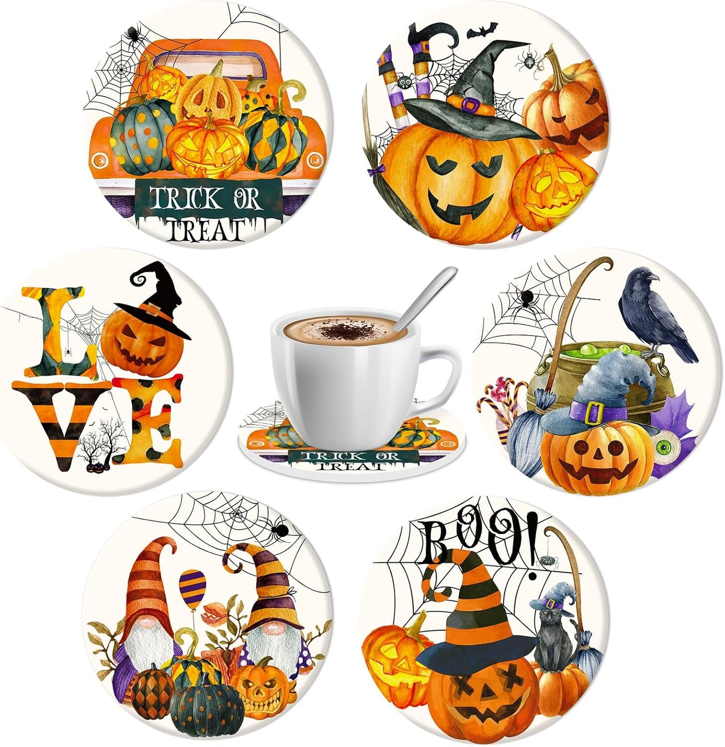 Whaline 6Pcs Halloween Coasters Watercolor Ceramic Coasters Pumpkin Gnome Pattern Drink Coasters Cup Mat for Table Room Decor Party Supplies, 4.1 x 0.3 Inch