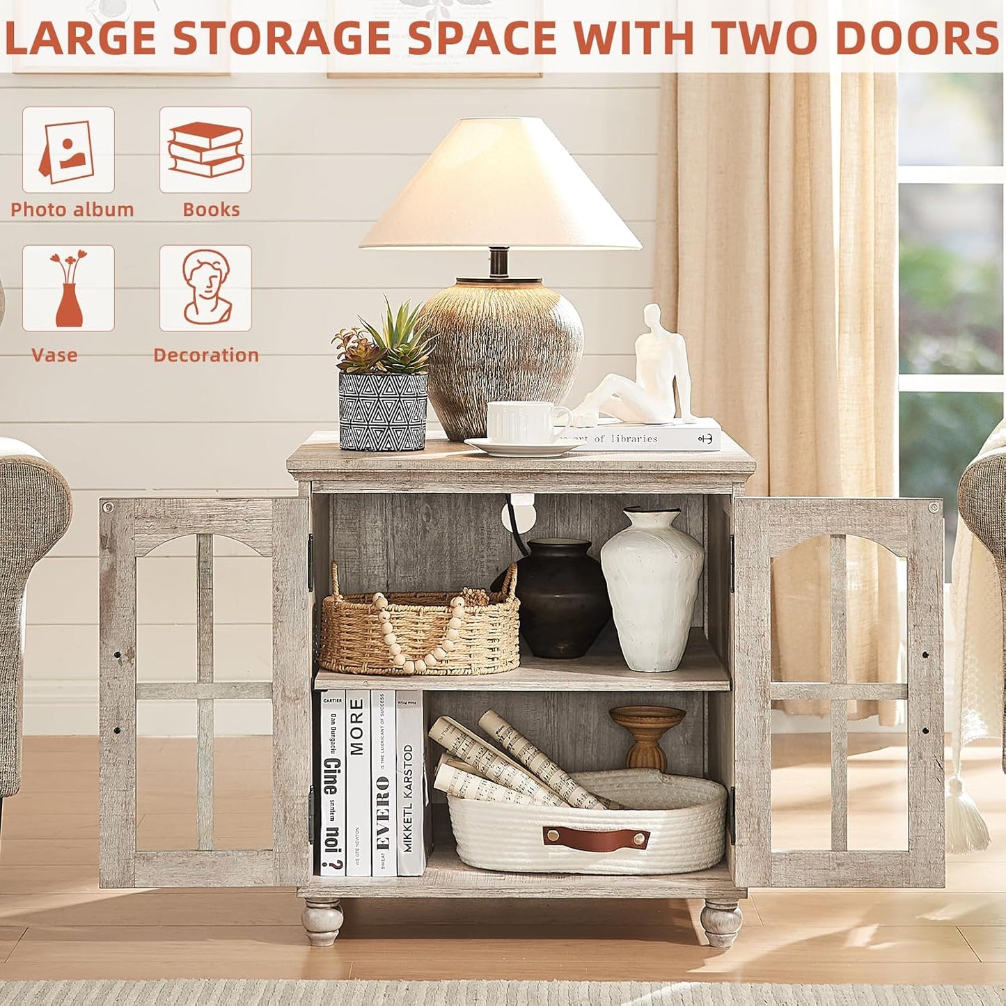 Farmhouse 24" End Table Set of 2 with Charging Station, Large Sofa Side Table with Glass Barn Door,Wood Night Stand with Adjustable Storage Shelf,Square Bedside Table for Living Room,Bedroom