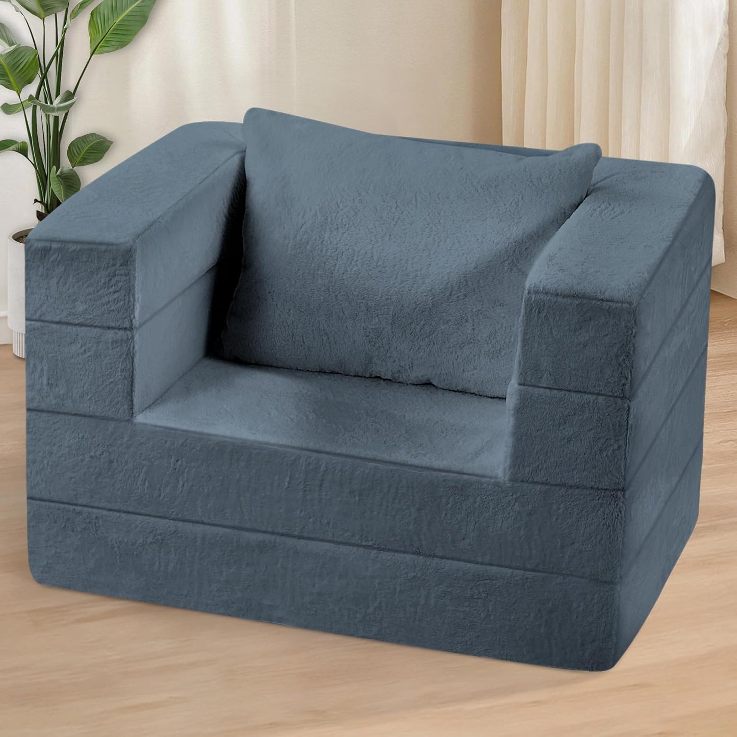 Folding Bean Bag Chair for Adults,3-in-1 Bean Bag Couch Faux Fur Floor Sofa Large Beanbag Convertible Bean Bag Sofa Bed with Pillow in Bedroom,Living Room,Apartment(Twin,Gray)