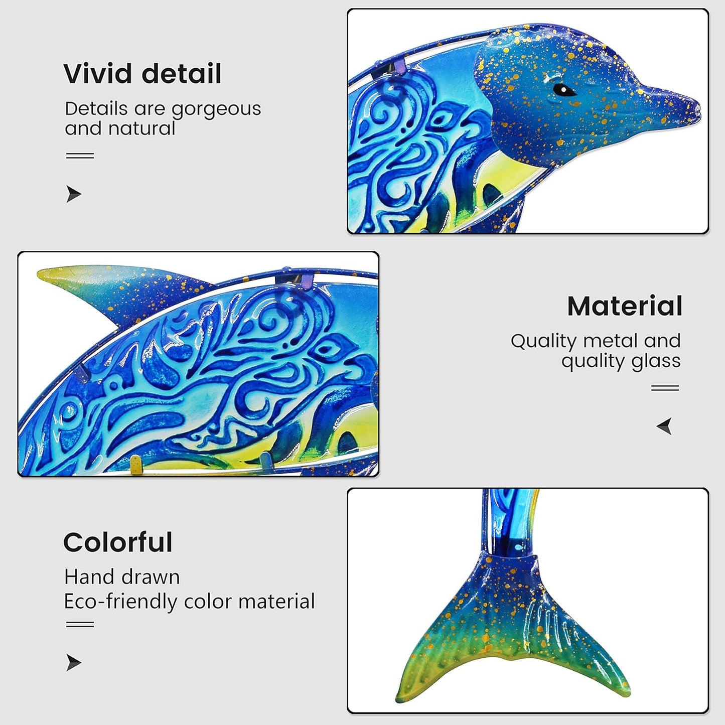 John's Studio Dolphin Wall Decor Outdoor Metal FIsh Sea Hanging Art Glass Sculptures Home Ocean Theme Decorations for Living Room, Bedroom, Yard, Fence and Patio - 17.5 Inches