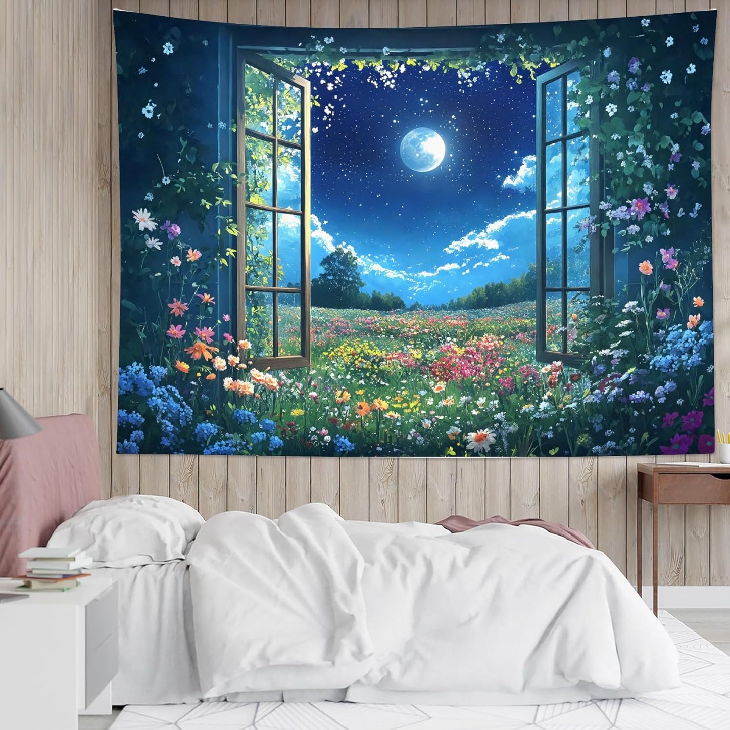 LB Wildflower Moon Tapestry, Window Forest Plant Green Leaf and Garden Colorful Floral Wall Tapestry for Bedroom, Night Sky Wall Art for Living Room Dorm Home Decor Ready to Hanging, 59 x 51 Inches