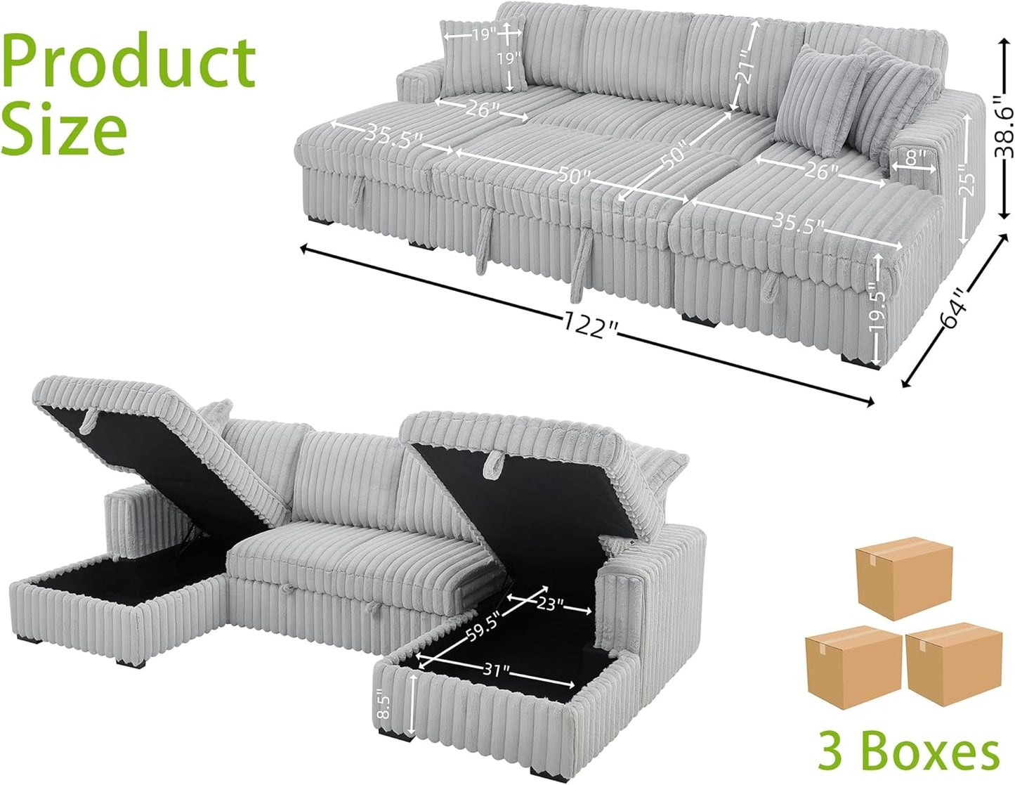 THSUPER Oversized U Shaped Plush Corduroy Fluffy Sectional Sleeper Sofa with Pull Out Bed and Double Storage Chaise for Living Room - Gray