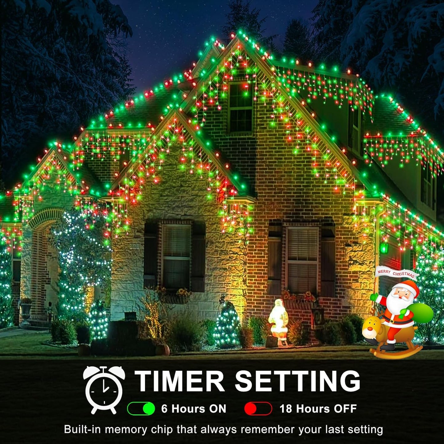 Icicle Lights for Outside, 33FT 400 LED Christmas Lights Outdoor with Waterproof 8 Modes, Plug in Connectable String Twinkle Light for Indoor Roof Window Garden Fence Party Decorations, Red Green