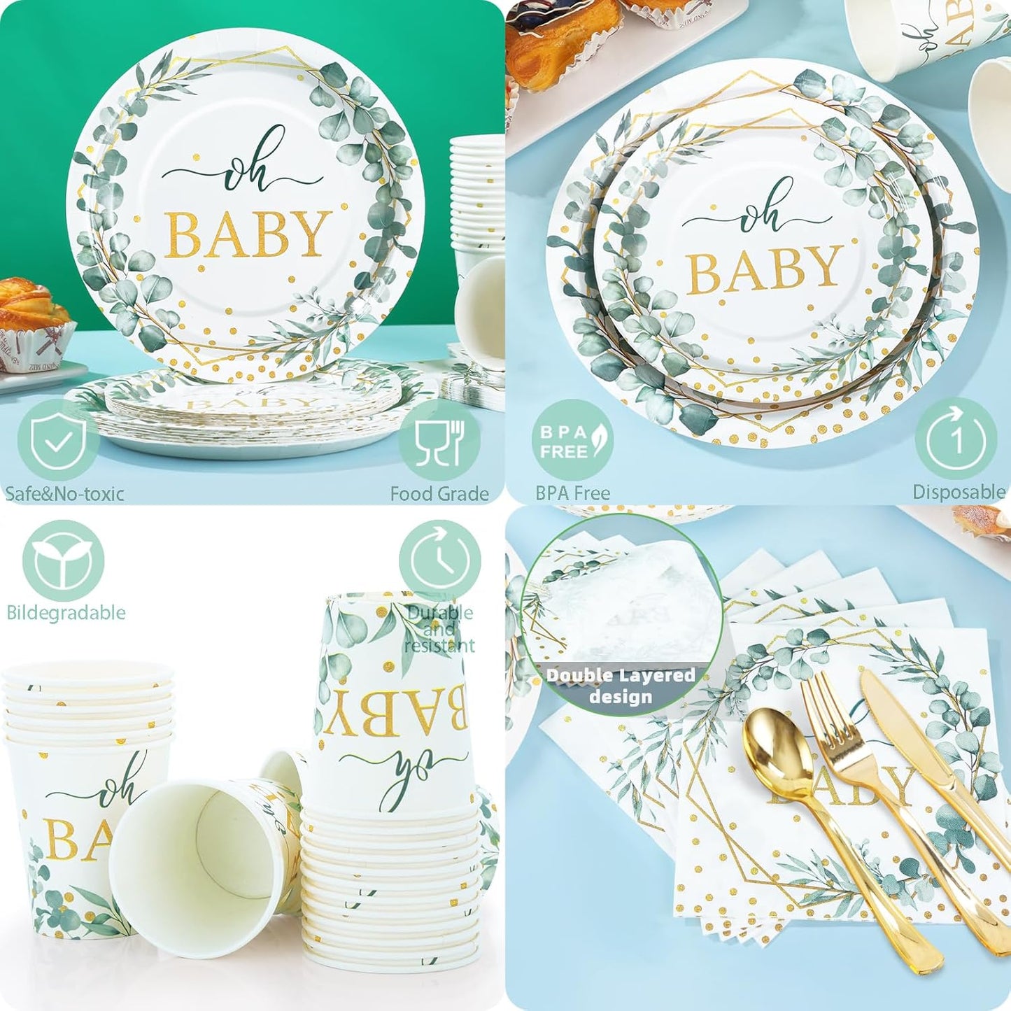 350 Pcs Sage Green Baby Shower Decorations, Baby Shower Plates and Cups and Napkins Sets Serves 50, Oh Baby Plates with Gold Dots for Boho Baby Girl Boy Neutral