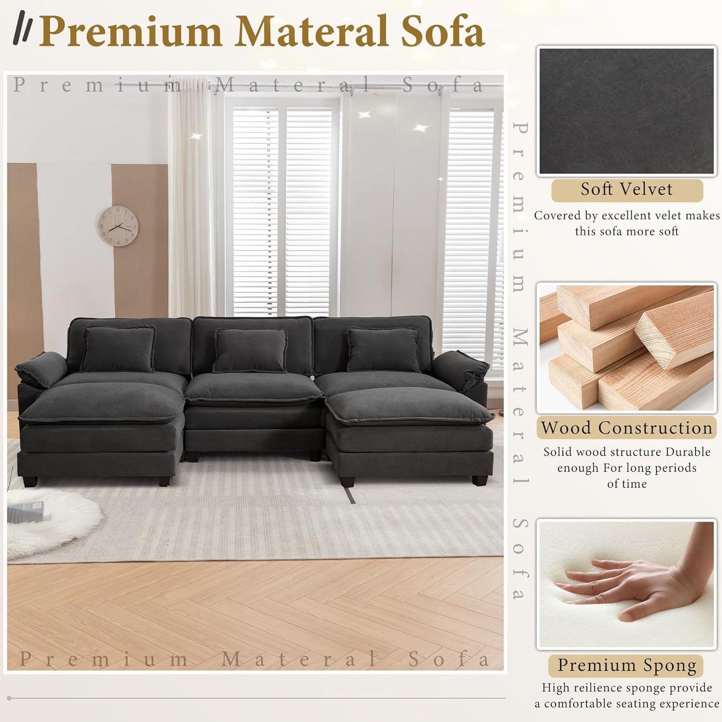 URRED Modular Sectional Sofa Comfy Cloud Couch, Modern Velvet Sofa Sleeper Deep Seat Couches with Ottoman/Pillows for Living Room (Dark Gray, 117'' - U Shape)