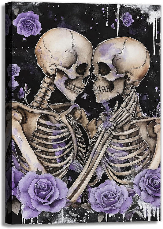Skull Canvas Wall Art Couple Skeleton Holding Each Other Picture Art Poster Abstract Lover Painting Modern Artwork Horrible Halloween Decor(Artwork-2,20"x30")