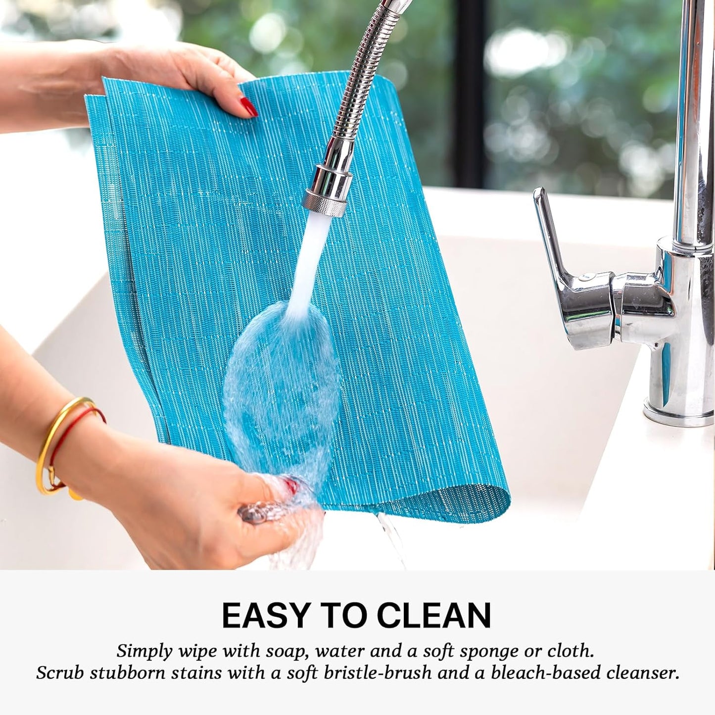 LEXMORE Placemats Set of 8 Vinyl/Plastic Woven Place Mats for Kitchen Table Indoor/Outdoor Washable Placemat Wipeable Dining Table Mats(Teal Blue)