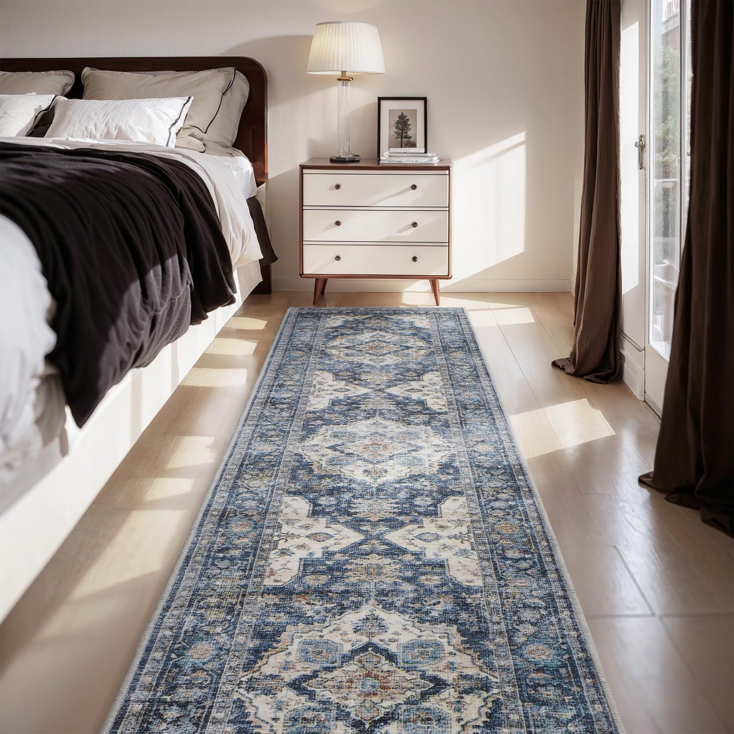 AMOAMI-2X10 Runner Rug-Washable Runners for Hallways-Soft Non Slip Bedside Rugs for Bedroom-Vintage Long Rug for Hallways Entryway Laundry Room Stair Kitchen Bathroom Blue