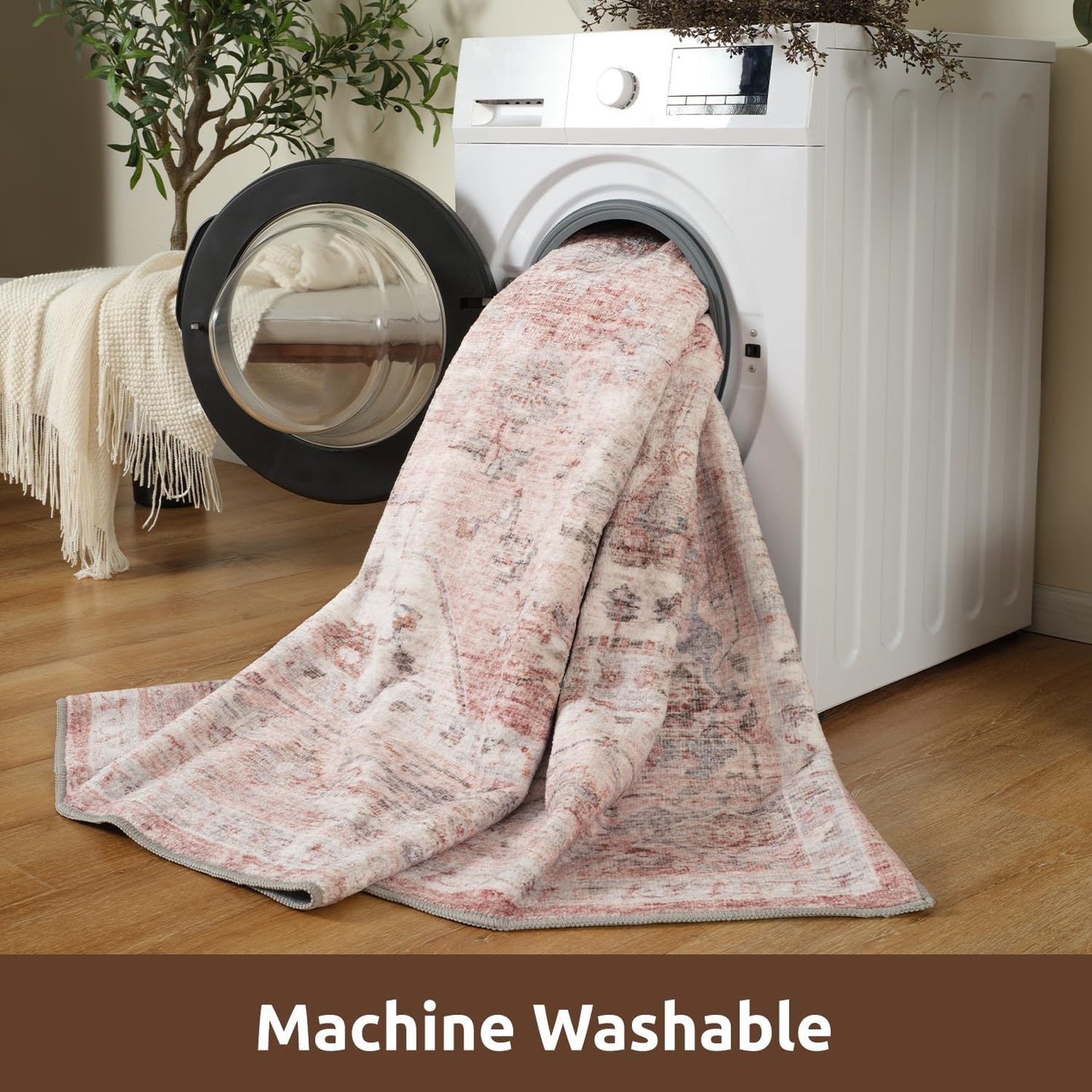 AMOAMI-Area Rug 9X12 Rugs for Living Room-Vintage Soft Pink Rugs for Bedroom-Non Slip Carpet-Washable Rug for Dining Room Living Room Bedroom Office Under Table