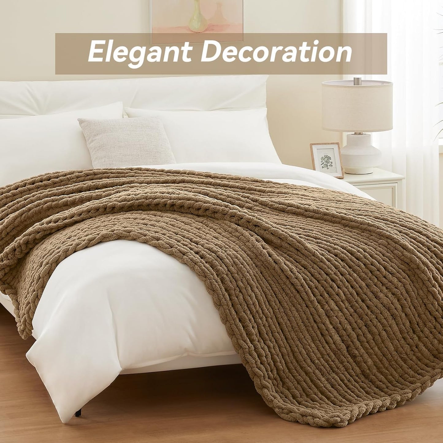 Chunky Knit Throw Blanket, 60''*80'' Knitted Throw Chenille Yarn for Bed Couch, Handmade Light Brown Crochet Big Thick Blanket, Machine Washable Cute Comfy Blanket for Home Decor