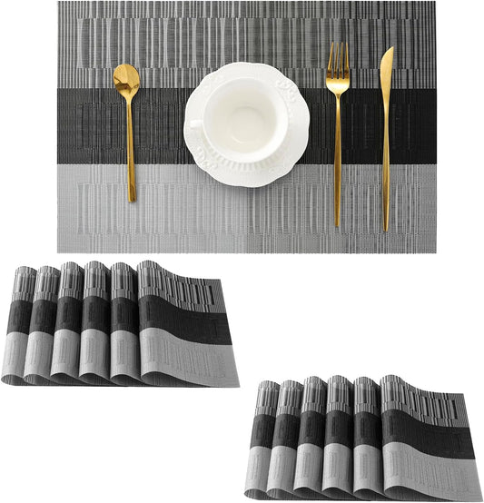Leetaltree Grey with White Striped Placemats Set of 12 - Heat Resistant Non-Slip Place mats for Dining Table, Washable Durable PVC Vinyl Woven Table Mats（Grey Stripe, 12）