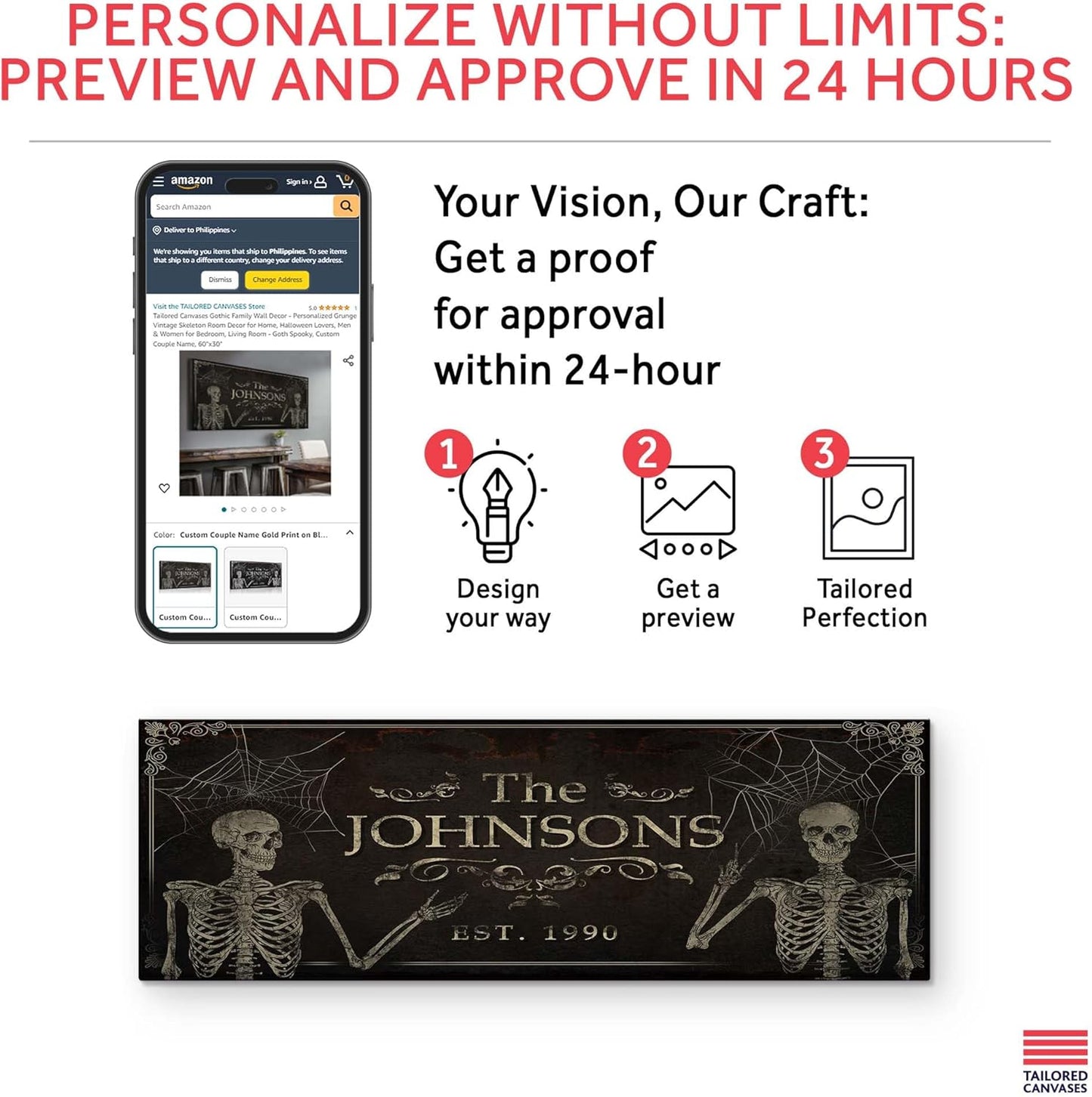 Tailored Canvases Gothic Family Wall Decor - Personalized Grunge Vintage Skeleton Room Decor for Home, Halloween Lovers, Men & Women for Bedroom, Living Room - Goth Spooky, Custom Couple Name, 48"x16"