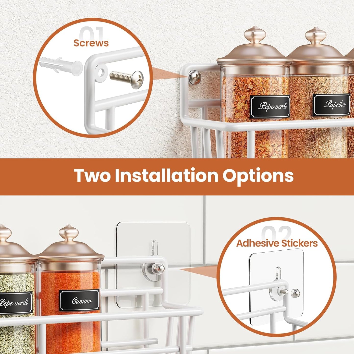 5 Pack Spice Rack Seasoning Organizer Wall Mount, Screw or Adhesive Hanging Shelf Basket Spice Organizer Shelf for Kitchen, White