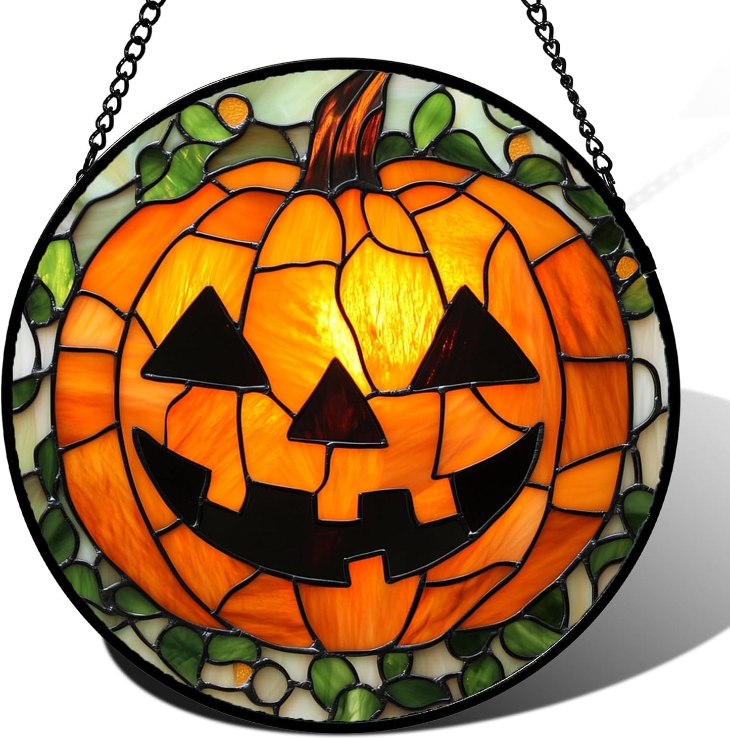 Stained Glass Window Hanging, Halloween Decorations Evil Pumpkin Suncatcher for Doors Garden Indoor Spooky Funny Orange Sun Catchers Gothic Decor Horror Gifts for Women Men Friend 7.8 in