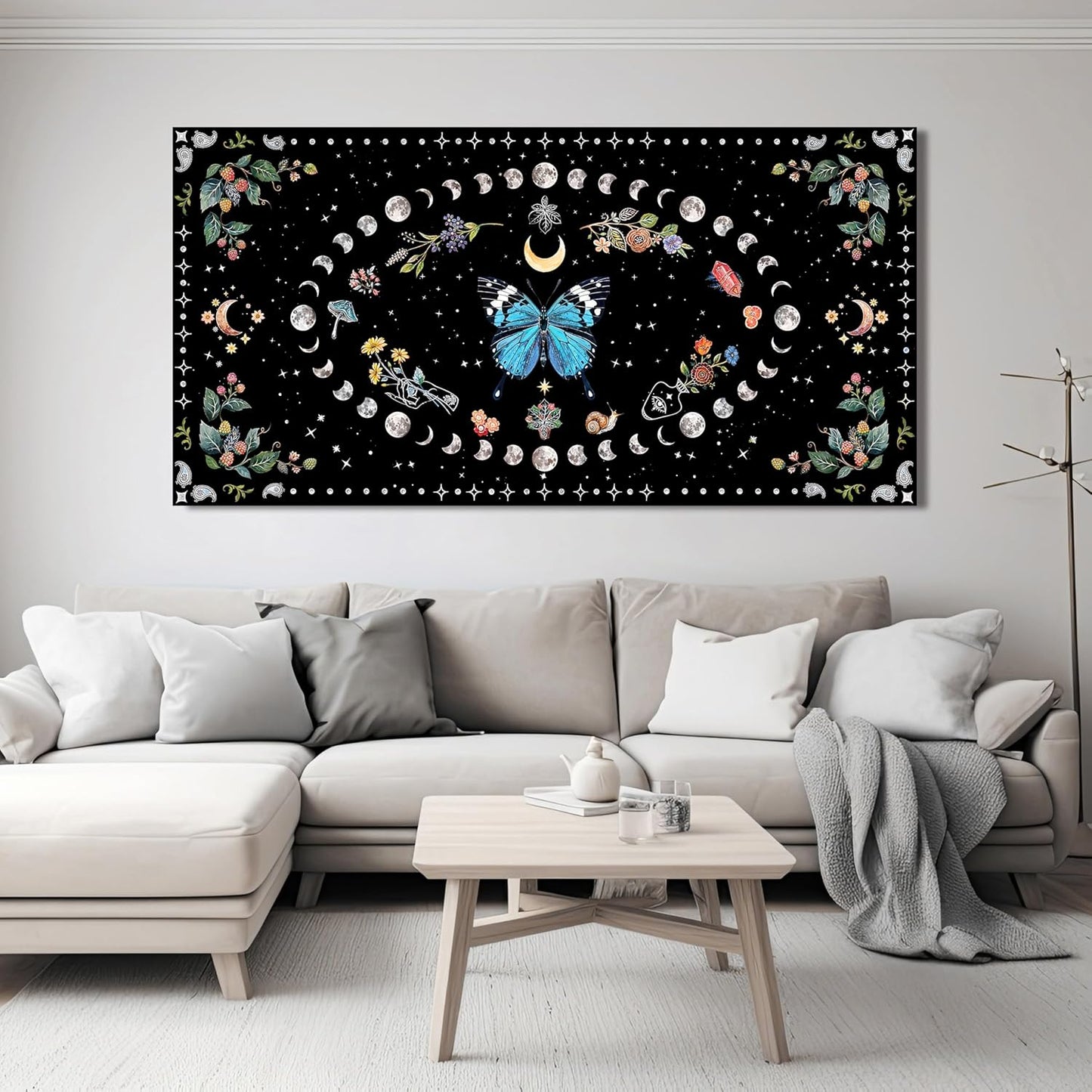 Canvas Wall Art Prints Blue Boho Wall art Decor Abstract Canvas Art Wall Decor Wall Pictures for Living Room Vintage Butterfly Wall Art Moon Flower Large Artwork for Walls Home Room Decor 24"X48"