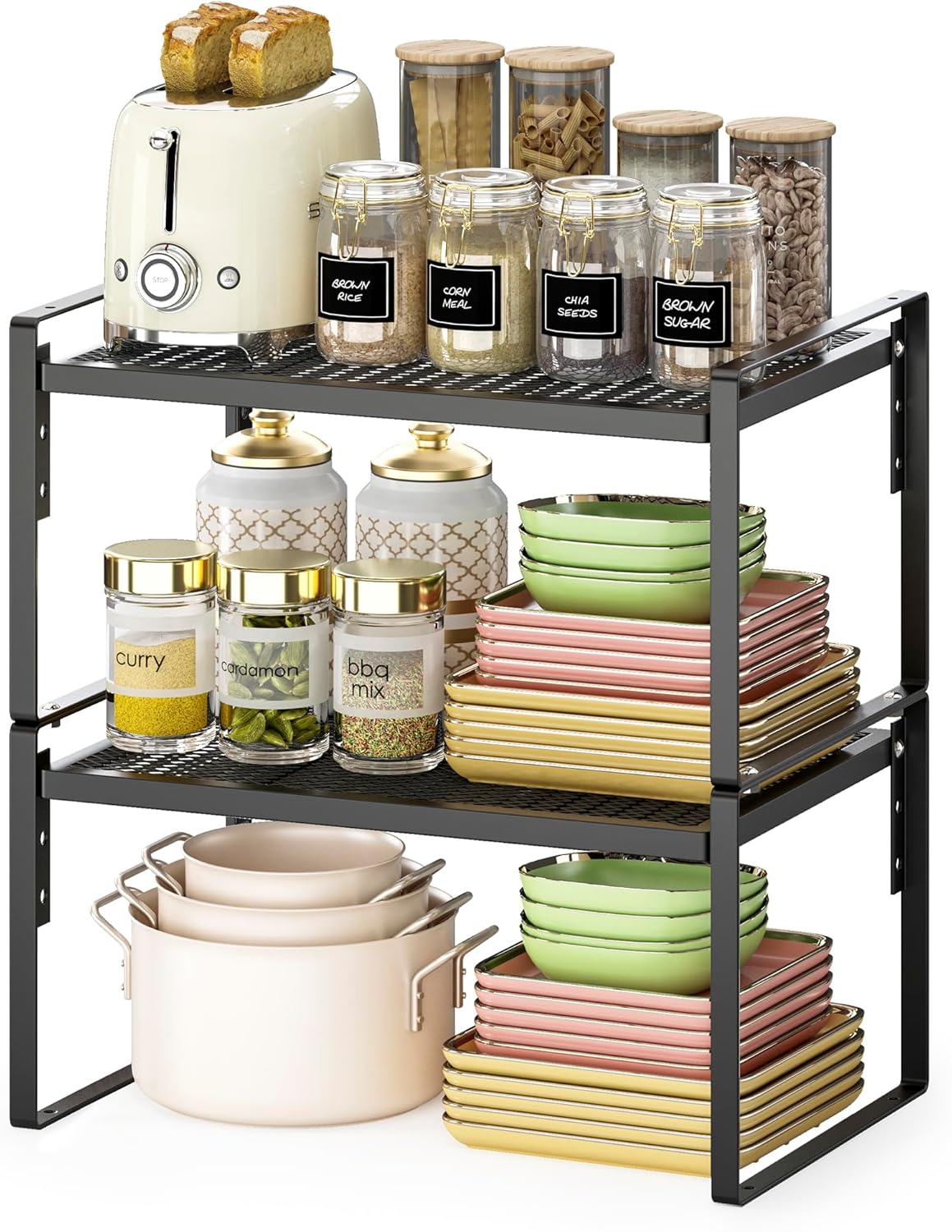 2 Pack Kitchen Countertop Organizer, Stackable Cabinet Shelf Organizer, 2 Tier Adjustable Kitchen Counter Shelves Riser For Pantry Cupboard Bathroom Organization And Storage, Desk Shelf,Spice Rack