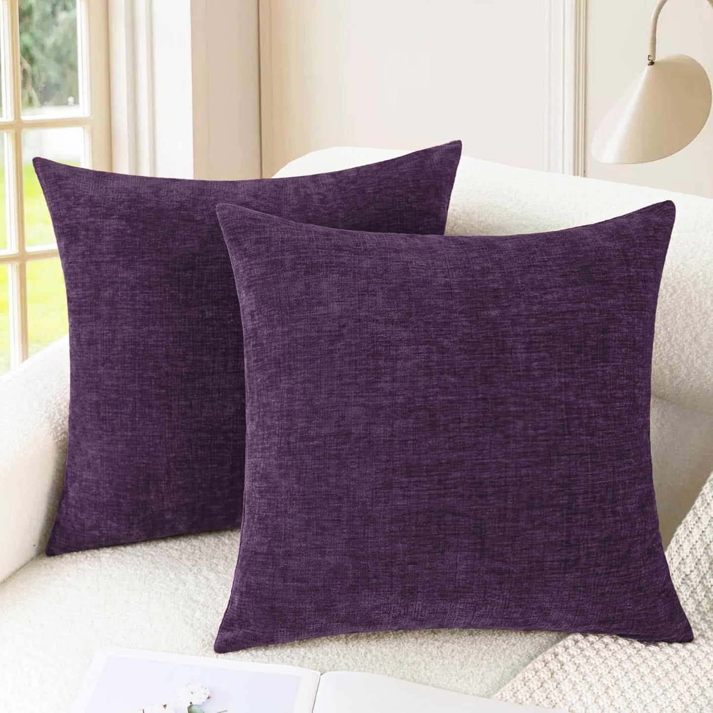 CaliTime Throw Pillow Covers Decorative 20 X 20 Inches Pack of 2 Cozy Chenille Cushion Cases for Couch Sofa Bed Living Room Home Plum Purple