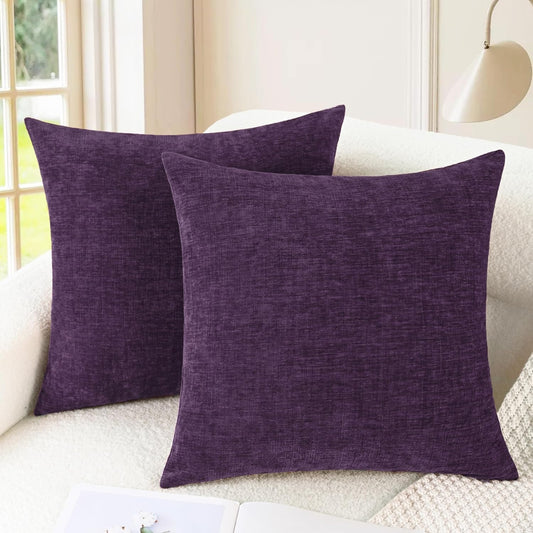CaliTime Throw Pillow Covers Decorative 22 X 22 Inches Pack of 2 Cozy Chenille Cushion Cases for Couch Sofa Bed Living Room Home Plum Purple
