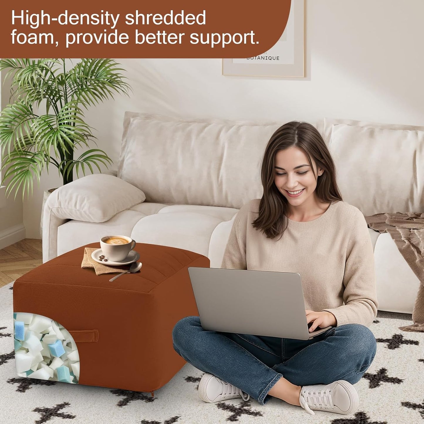 MeMoreCool Square Stuffed Pouf Ottoman Foot Rest, Floor Pouf Foot Stool with Foam Chunk Filling, Soft Stuffed Ottoman Footrest for Living Room, Coffee