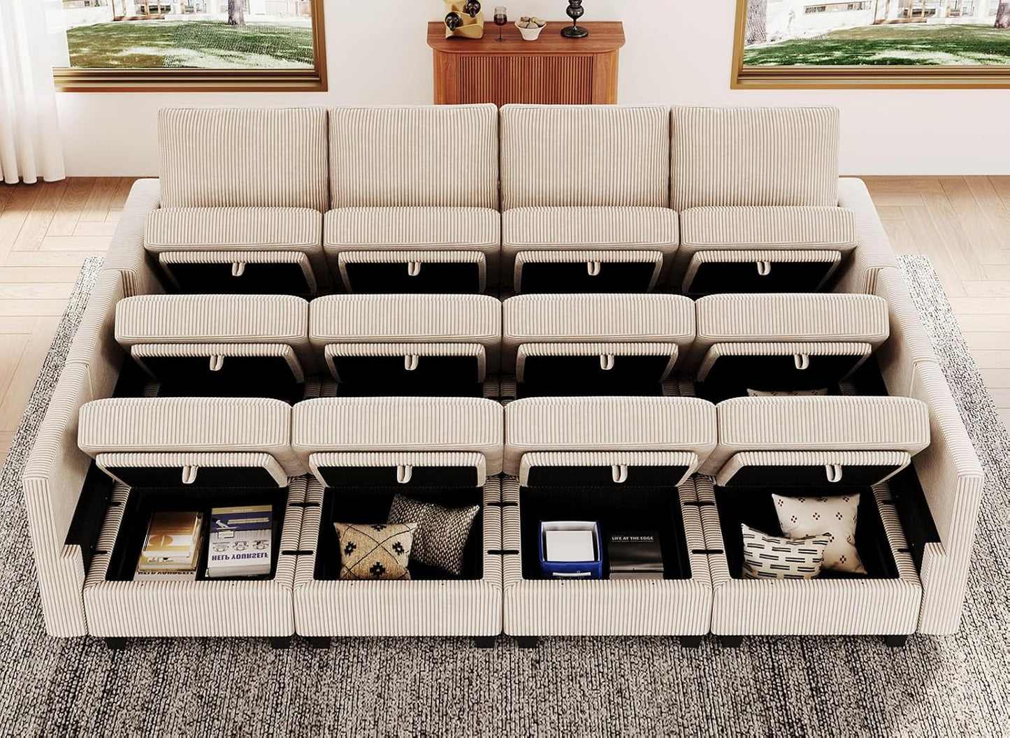 Belffin Oversized 12 Seat Modular Sectional Sleeper Sofa Convertible Sleeper Sofa with Storage Seat Large Corduroy Modular Sectional Couch for Living Room Beige