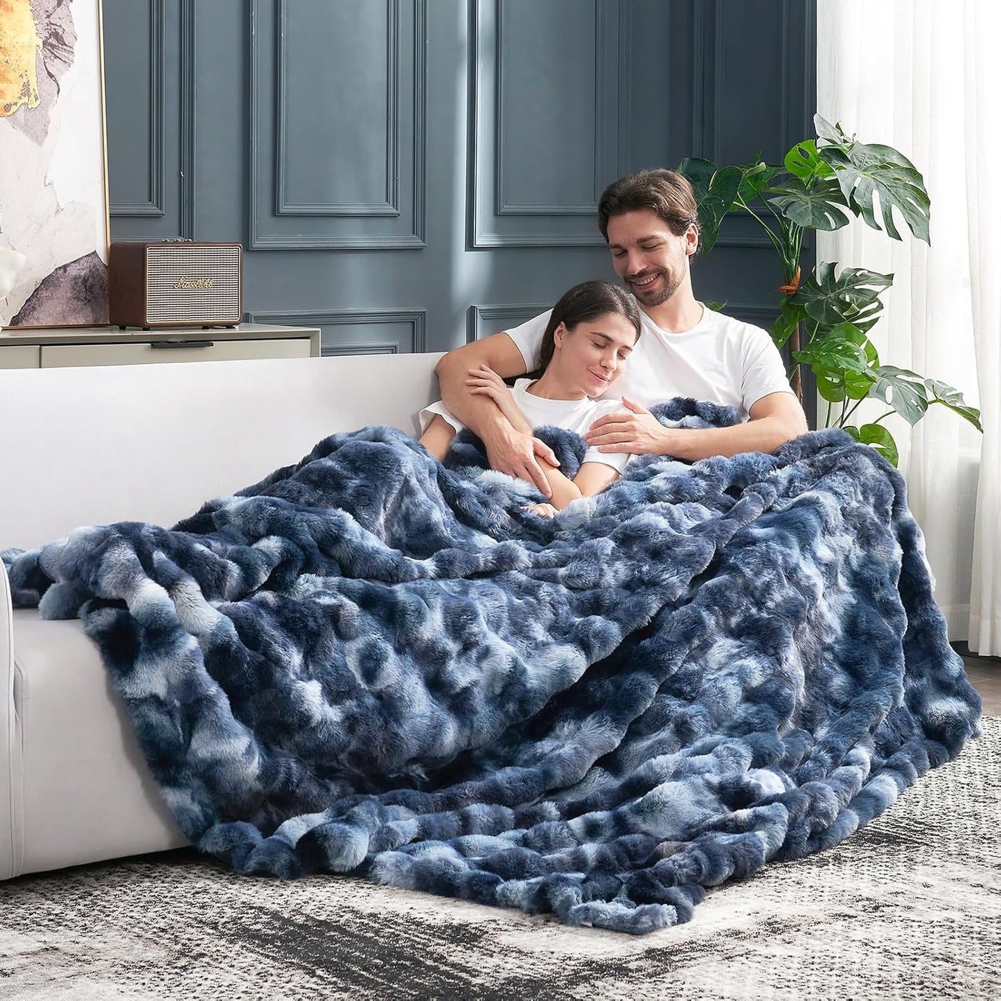 Cozy Bliss Faux Fur Throw Blanket for Couch, Fuzzy Soft Plush Thick Bubble Blanket for Sofa Bedroom Living Room, 90 * 90 Inches Tie Dye Blue