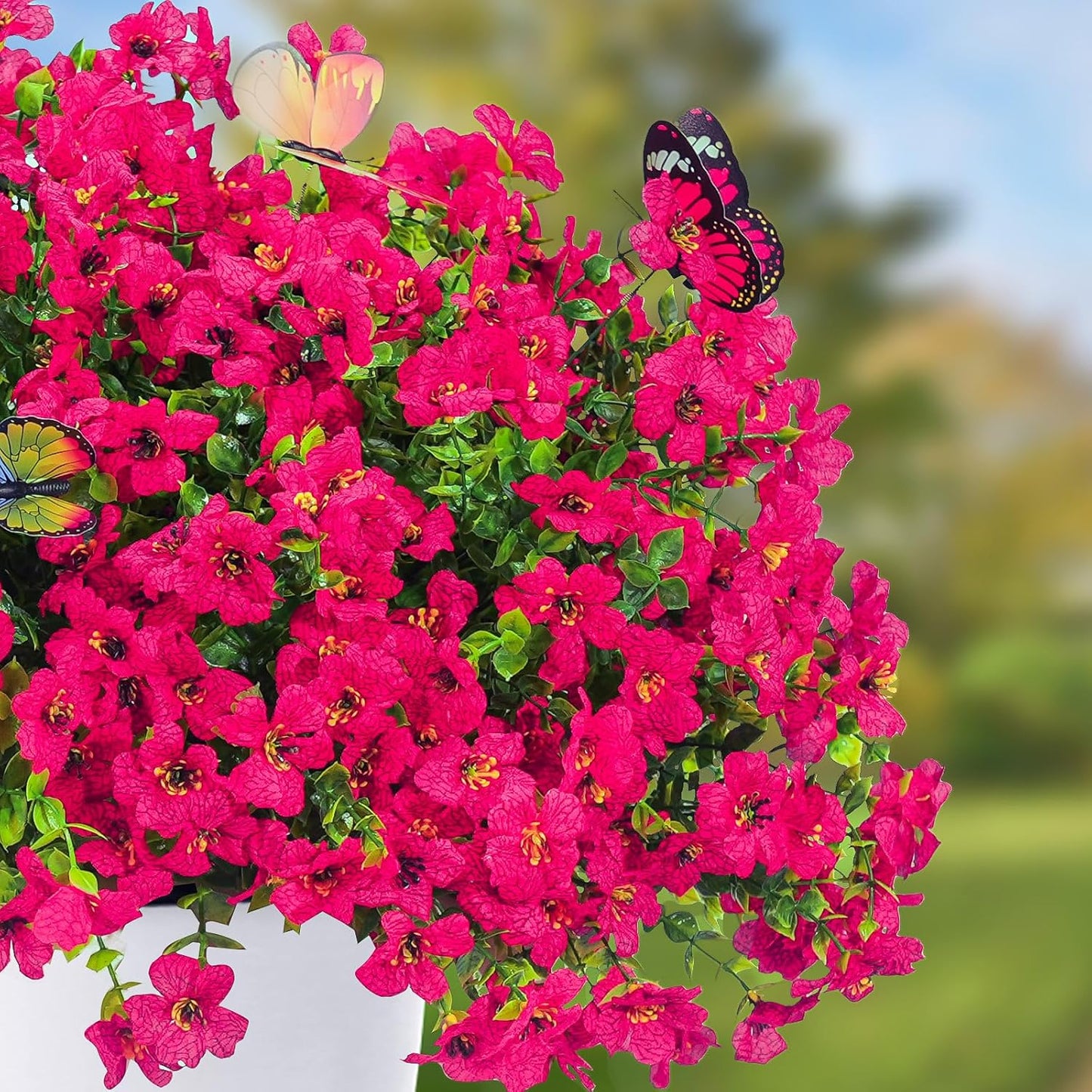 ‌20 Bundles Artificial Flowers for Outdoors‌ with 6 Faux Butterflies, UV Resistant ‌Fake Flowers‌ with Eucalyptus Leaves, ‌Artificial Plants Outdoor‌ for Patio Garden Porch Home Decor (Rose Red)