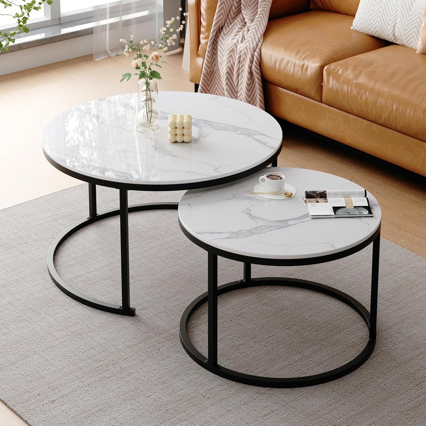 ZL ZELing White Nesting Coffee Table Set of 2, 27'' Round Coffee Table Sintered Stone Top & Metal Frame, End Tables Center Table for Living Room, Small Space