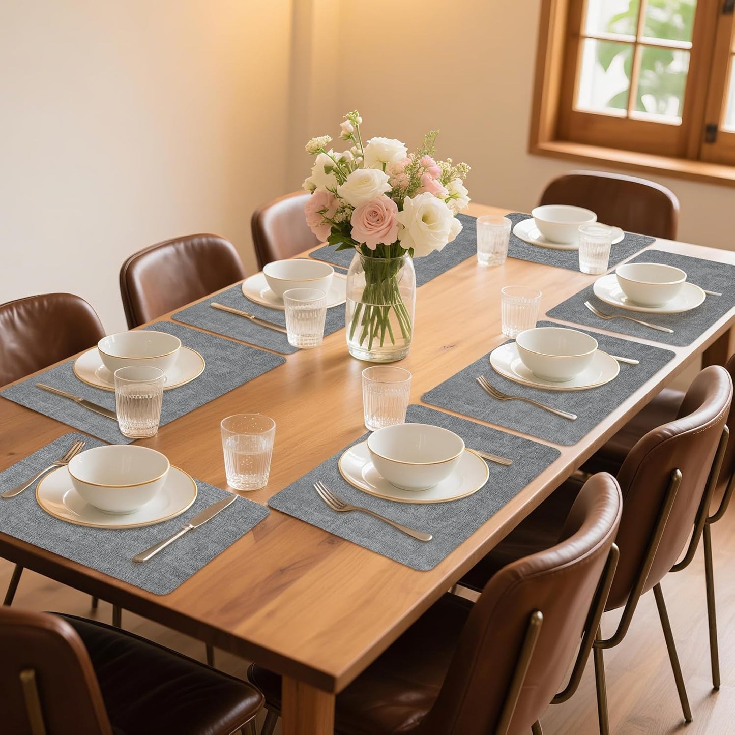 Maxpearl Faux Leather Placemats Set of 8 – Waterproof, Wipe Clean, Heat Resistant, Non-Slip Dining Table Mats for Indoor & Outdoor Use, 17”×12”, Grey