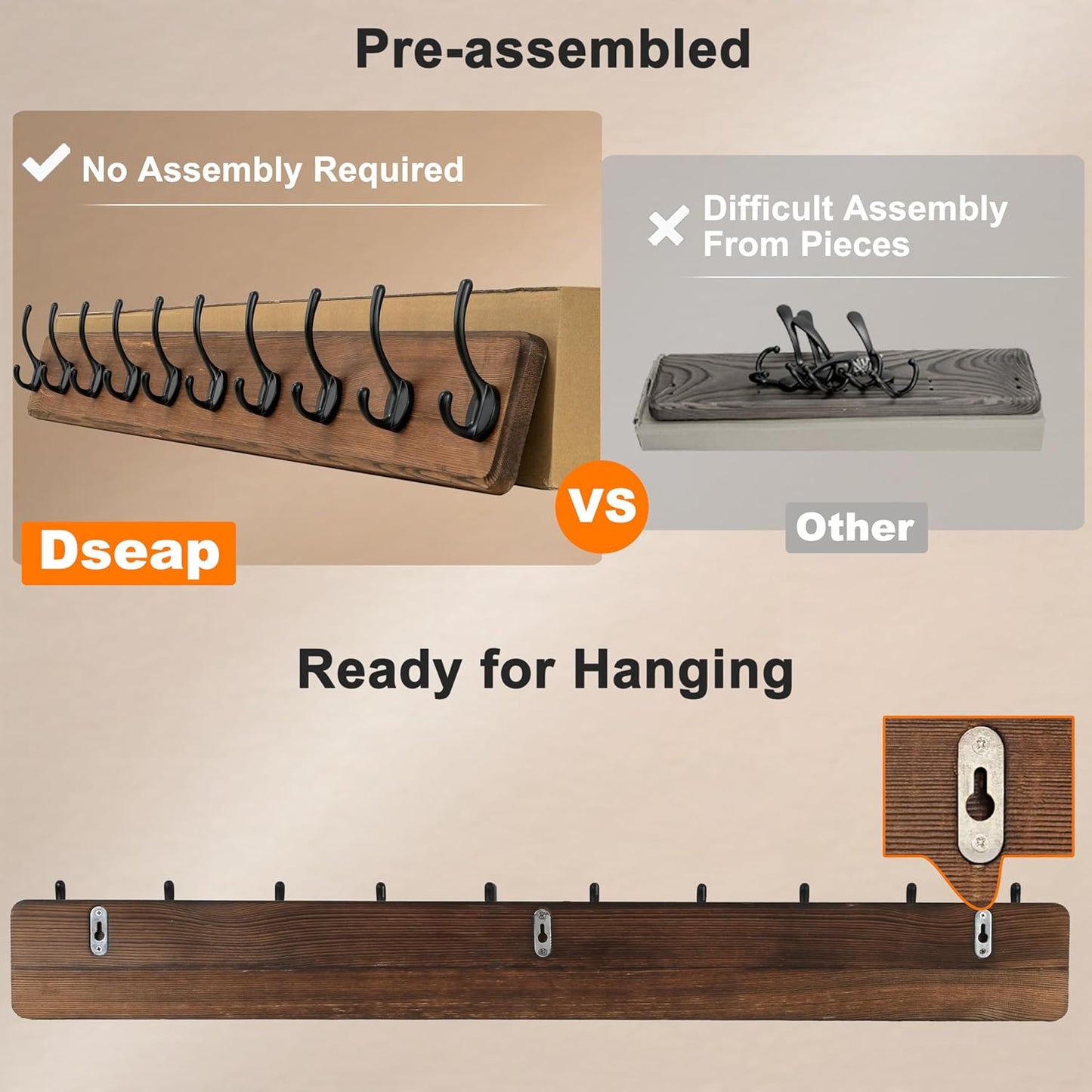 Dseap Coat Rack Wall: 38-1/4" Long, Patented, Heavy-Duty, 10-Double-Hooks Wooden Wall Mounted Coat Rack Coat Hanger Hook Rail for Winter Coats Hat Jacket Clothing, Weathered Blue