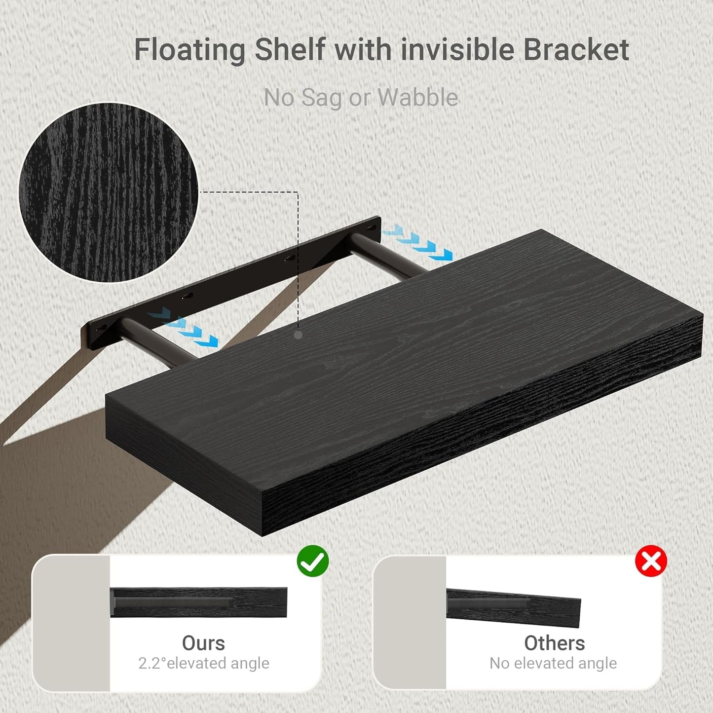 Black Floating Shelves for Wall, 16 inchs x 6.7” deep x 1.4” Wall Shelf for Bathroom Bedroom, Living Room, Kitchen, Office Home Decor, Narrow Wood Shelves with Invisible Brackets Set of 2