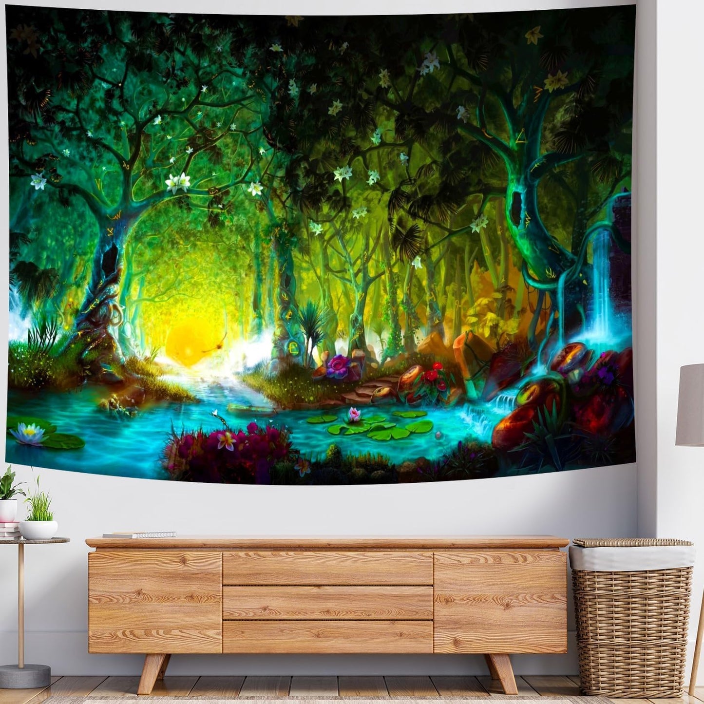 Delur Fantasy Forest Tapestry Mystical River Enchanted Magical Fairy Tale Tree Tapestry Sunrise Landscape Sunset Nature Psychedelic Wall Hanging Headboard for Bedroom Living Room Home Decor (70.8" x 92.5")