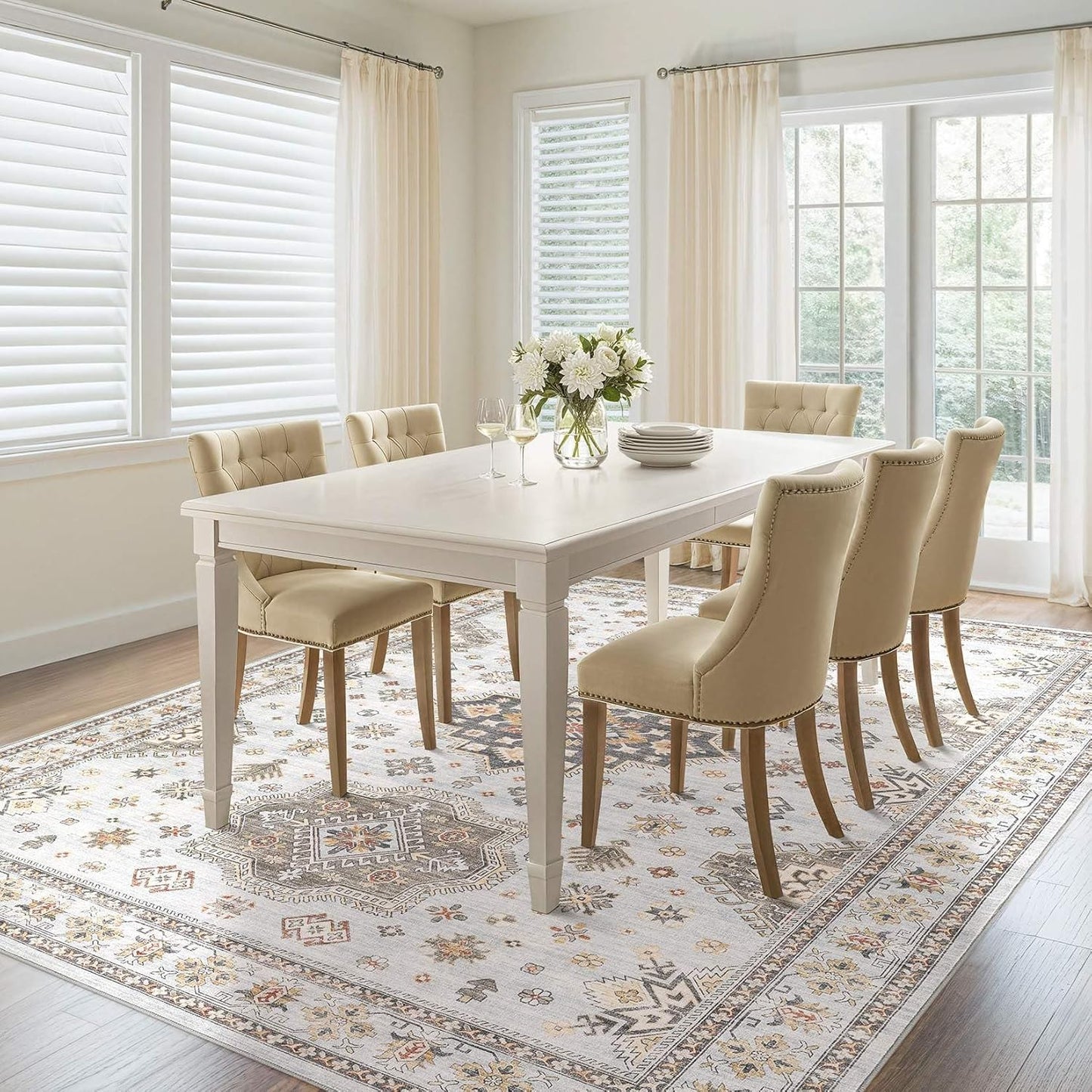 Washable Area Rugs for Living Room -10x13 Neutral Vintage Distressed Floral Farmhouse Boho Large Soft Floor Rug Indoor Non Slip Carpet for Living Room Bedroom Dining Room Office-Blue Brown