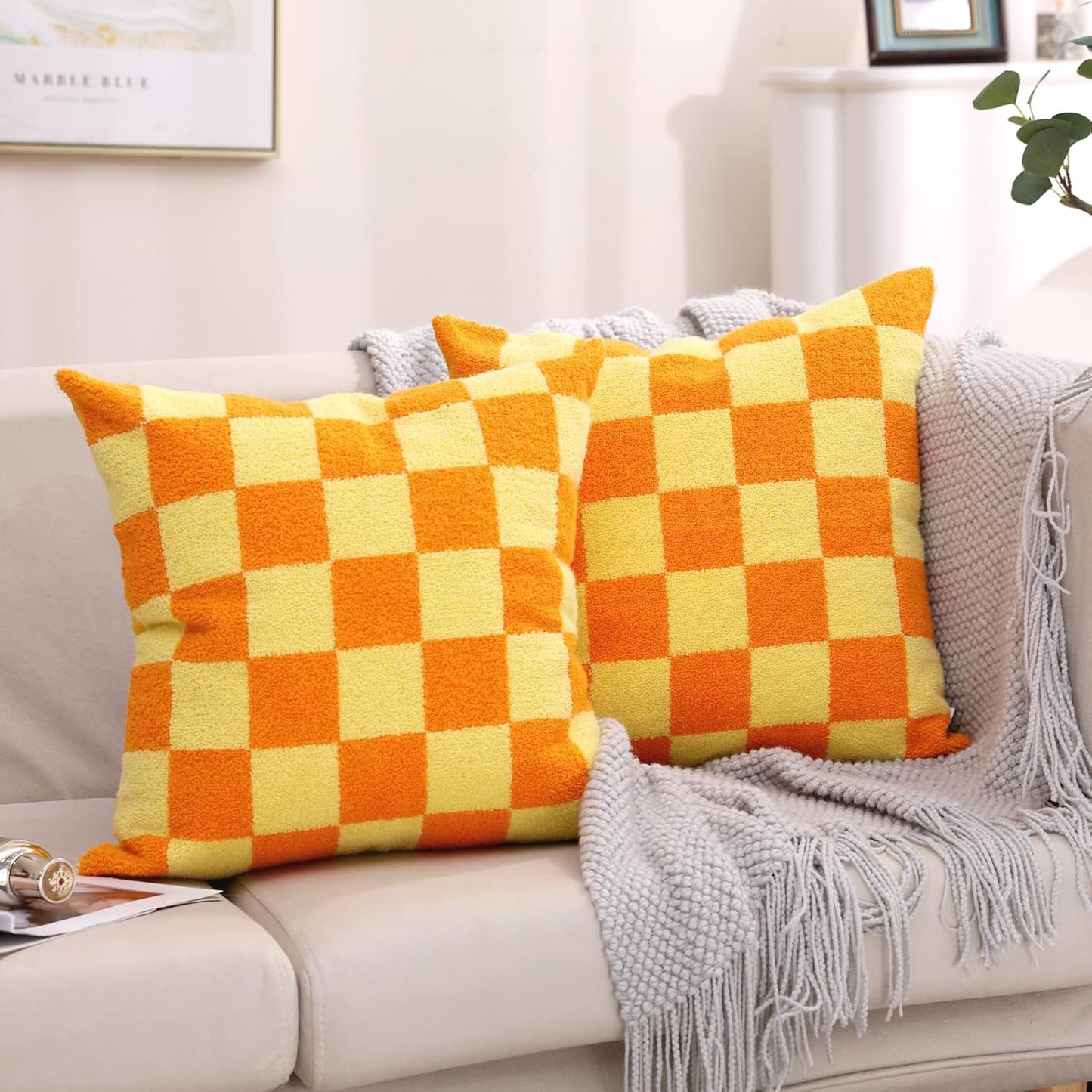 Alysheer Checkered Embroidered Decorative Throw Pillow Covers 18"x 18" Set of 2, Farmhouse Boho Orange Yellow Plaid Tufted Patterned Cotton Canvas Cushion Case for Sofa Couch Bed Living Room Outdoor