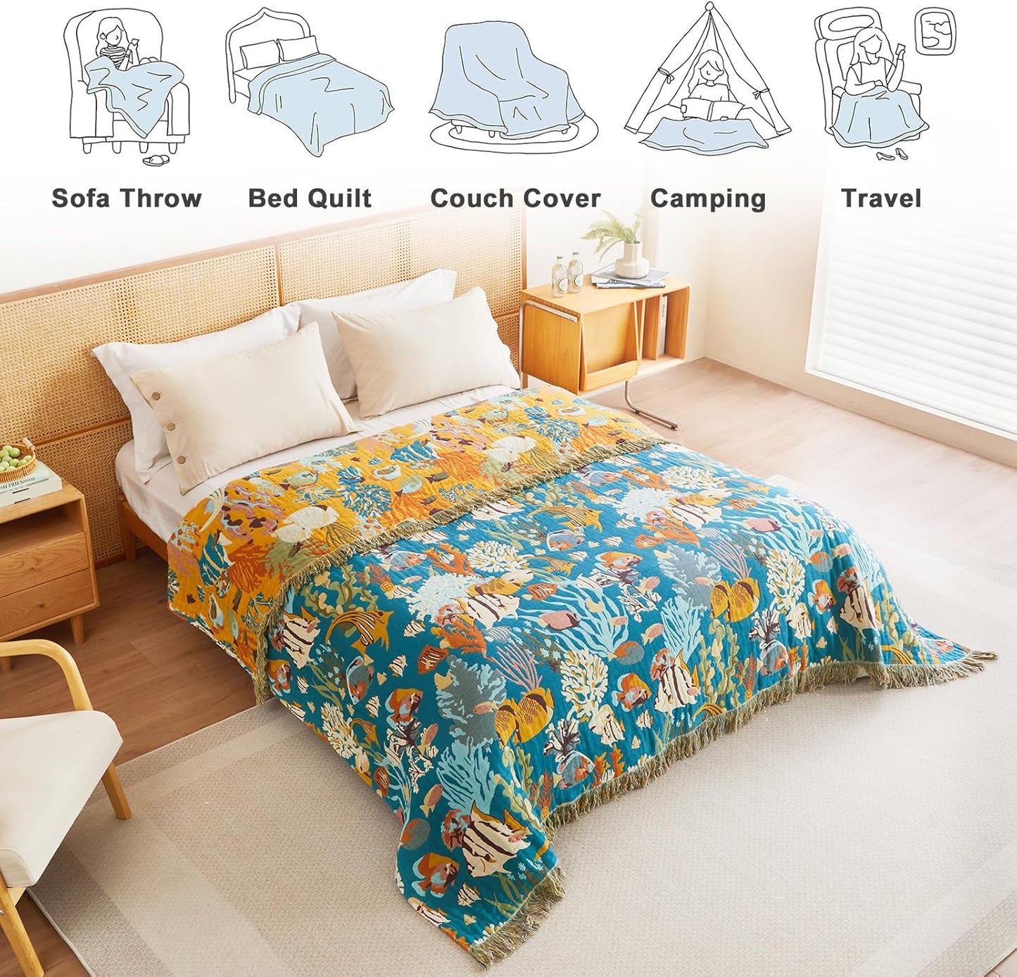 MSGKV Throw Blanket for Couch Bed Cotton Muslin Breathable Cute Ocean Animals Twin Size Blanket 60"x80" for All Seasons Lightweight Farmhouse Blankets