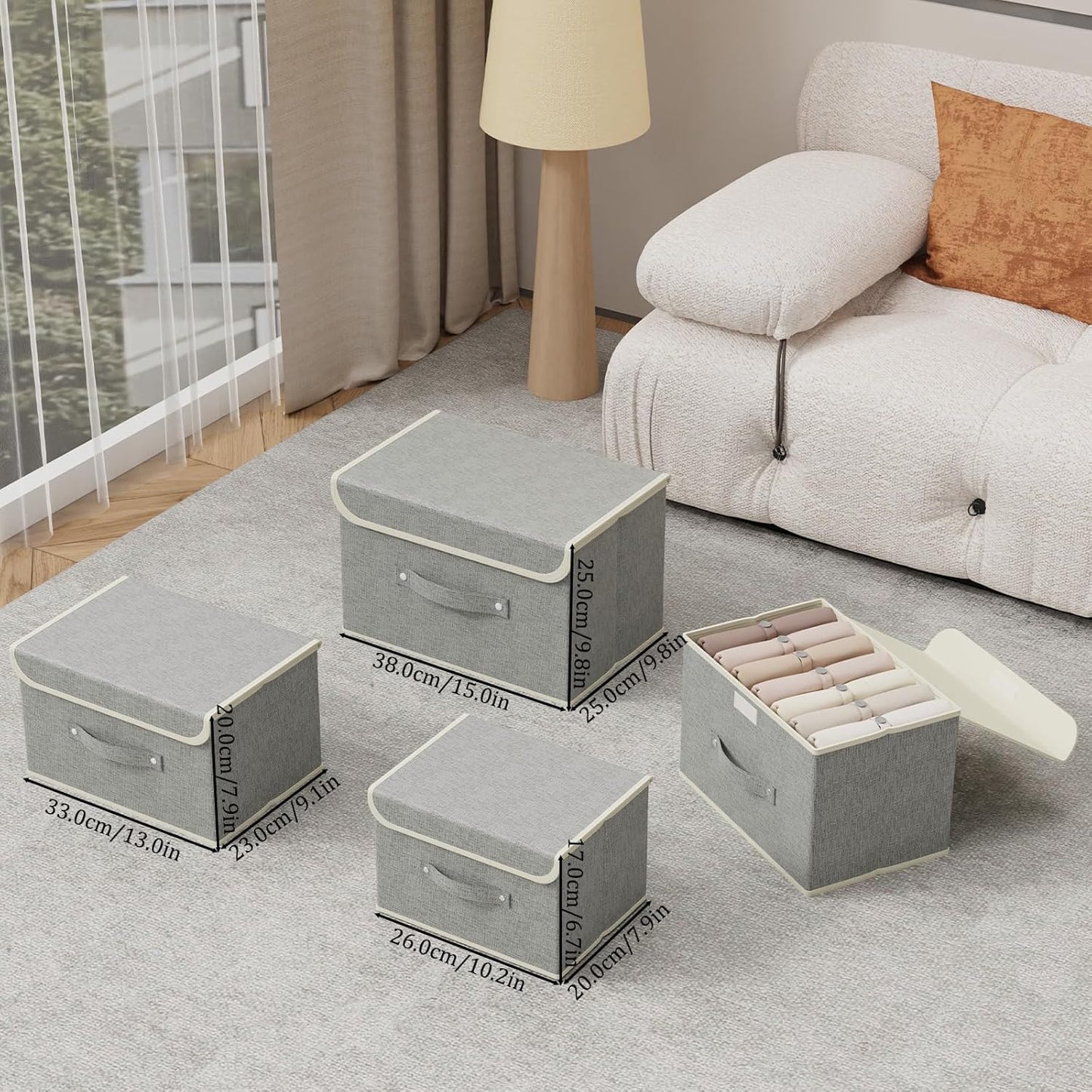Storage Boxes, Collapsible Storage Bins with Lids, Cotton and linen cloth Storage Baskets with Handle, for Books, Closet, Bedroom, Home, 10.2x7.9x6.7 in, Grey