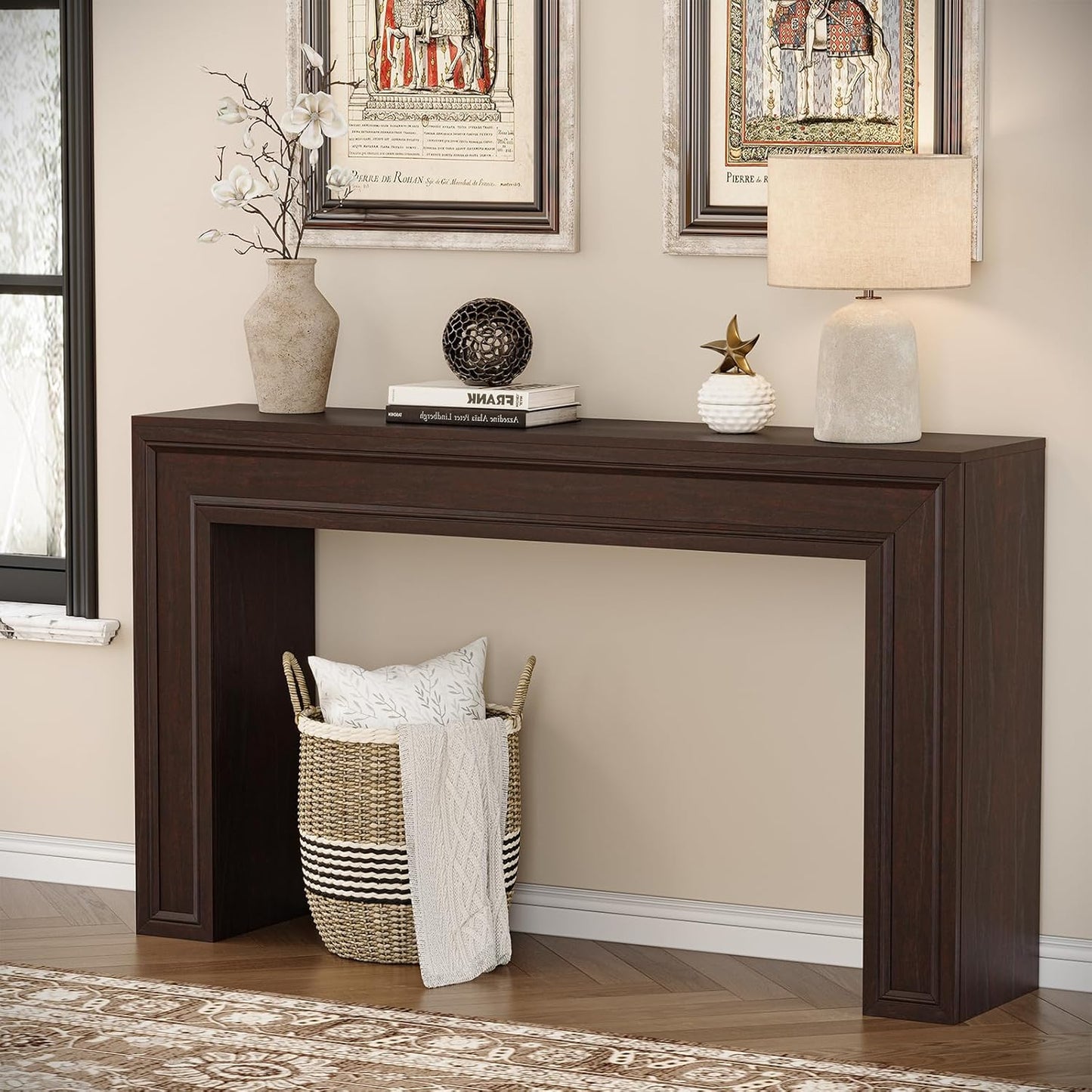 Rresyet 55 Inch Long Console Table, Sofa Table Behind Sofa, Wooden Entryway Table, Farmhouse Entryway Table for Entry, Hallway, Living Room (Cherry)