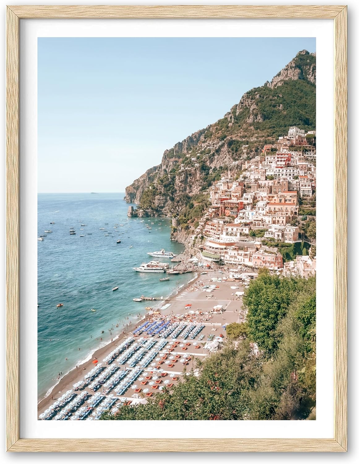 HesenDot Natural OAK Wood Framed Italian Positano Beach Wall Art,12x16in Amalfi Coast Canvas Wall Print,Summer Coastal Landscape Poster Wall Decor for Living Room,Bedroom,Office Gallery Set of 1
