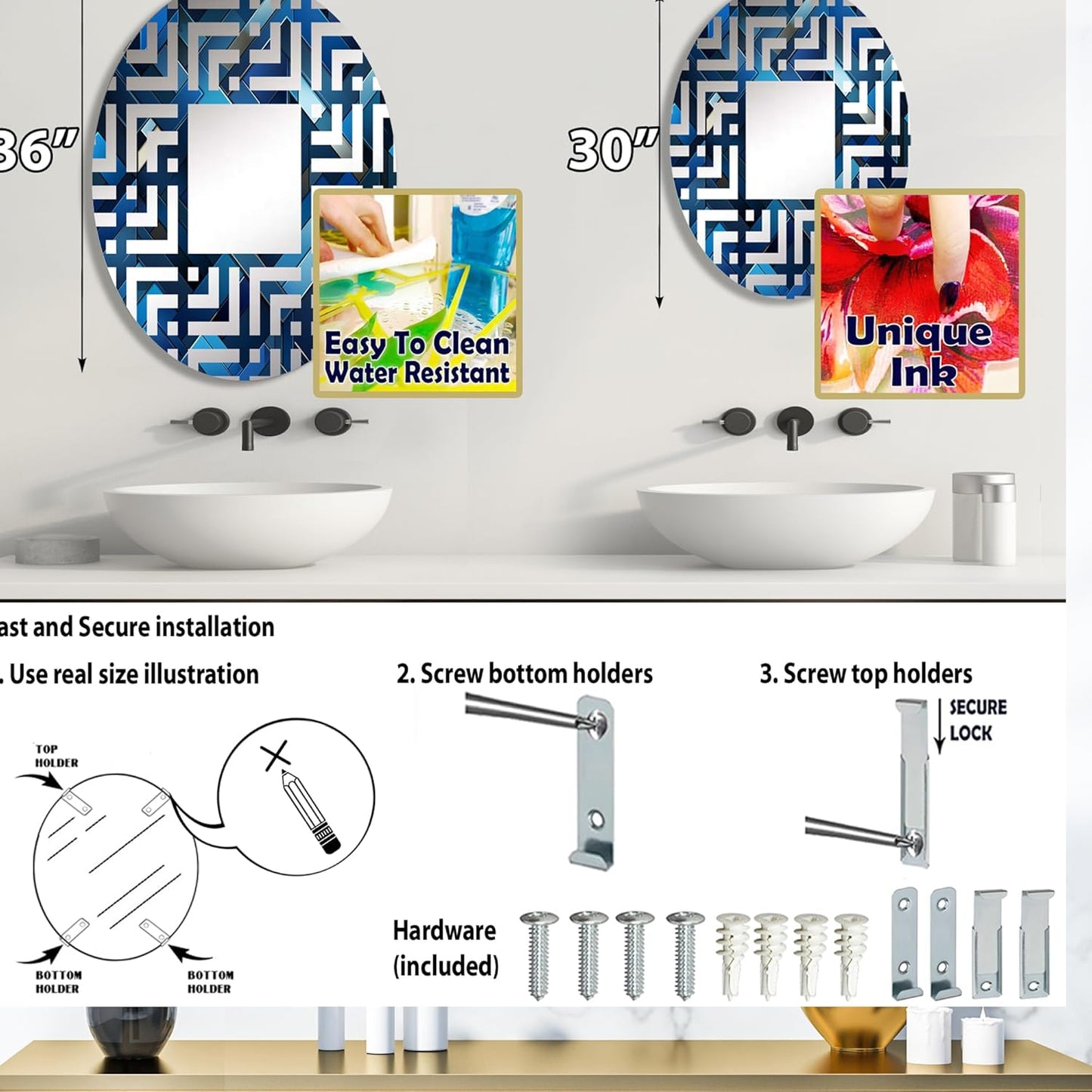 Symmetric Cubes in Deep Cobalt Blue - Geometric Maze - 24x36 Inches - Oval Decorative Wall Mirror for Bathroom, Bedroom, Entryway, Living Room, Vanity Room and Modern Décor