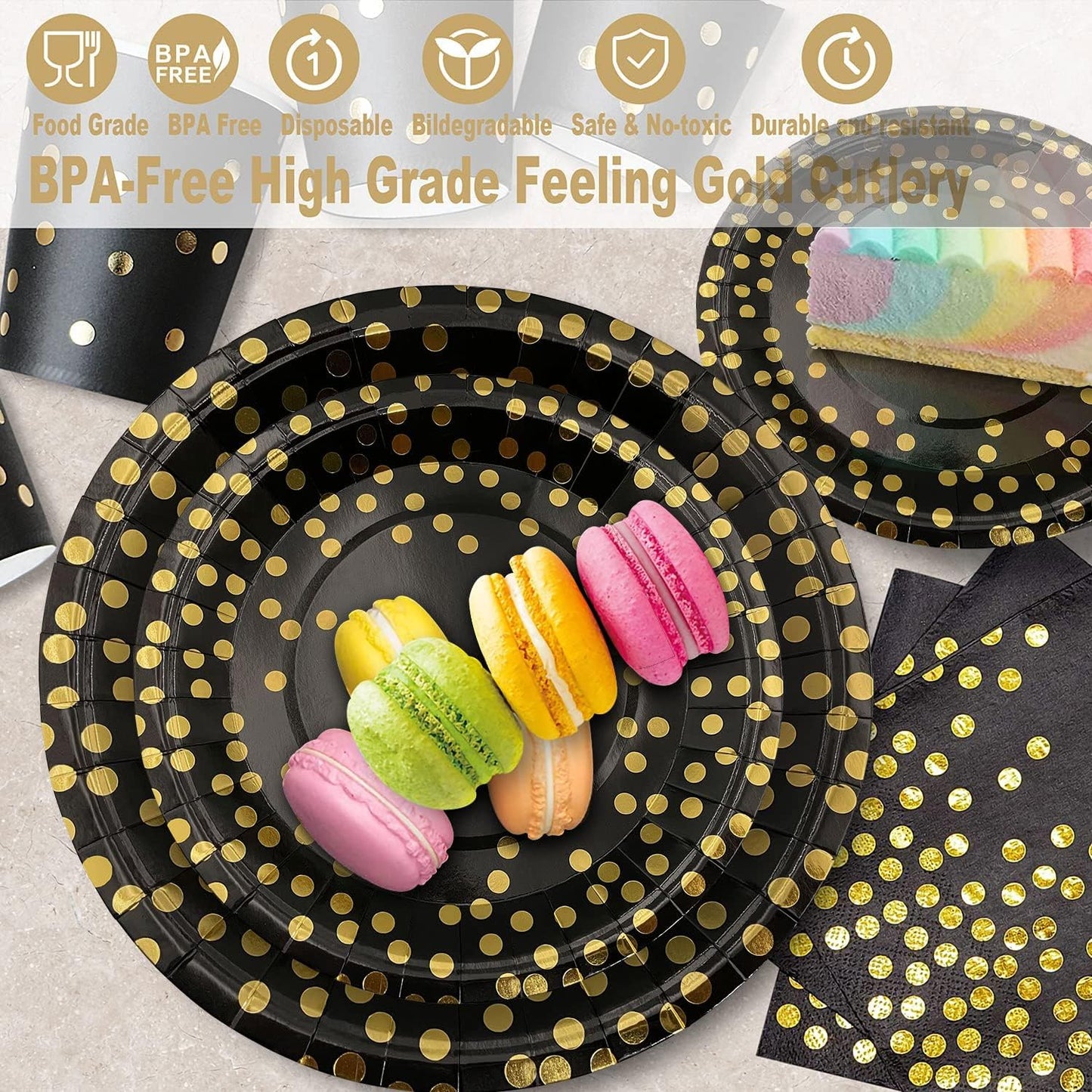 AIRE 175PCS Black and Gold Paper Plates Party Supplies for 25 Guests Disposable Party Decorations Dinnerware Golden Dot Black Paper Plates Napkins Cups Gold Plastic Forks Knives Spoons for Parties