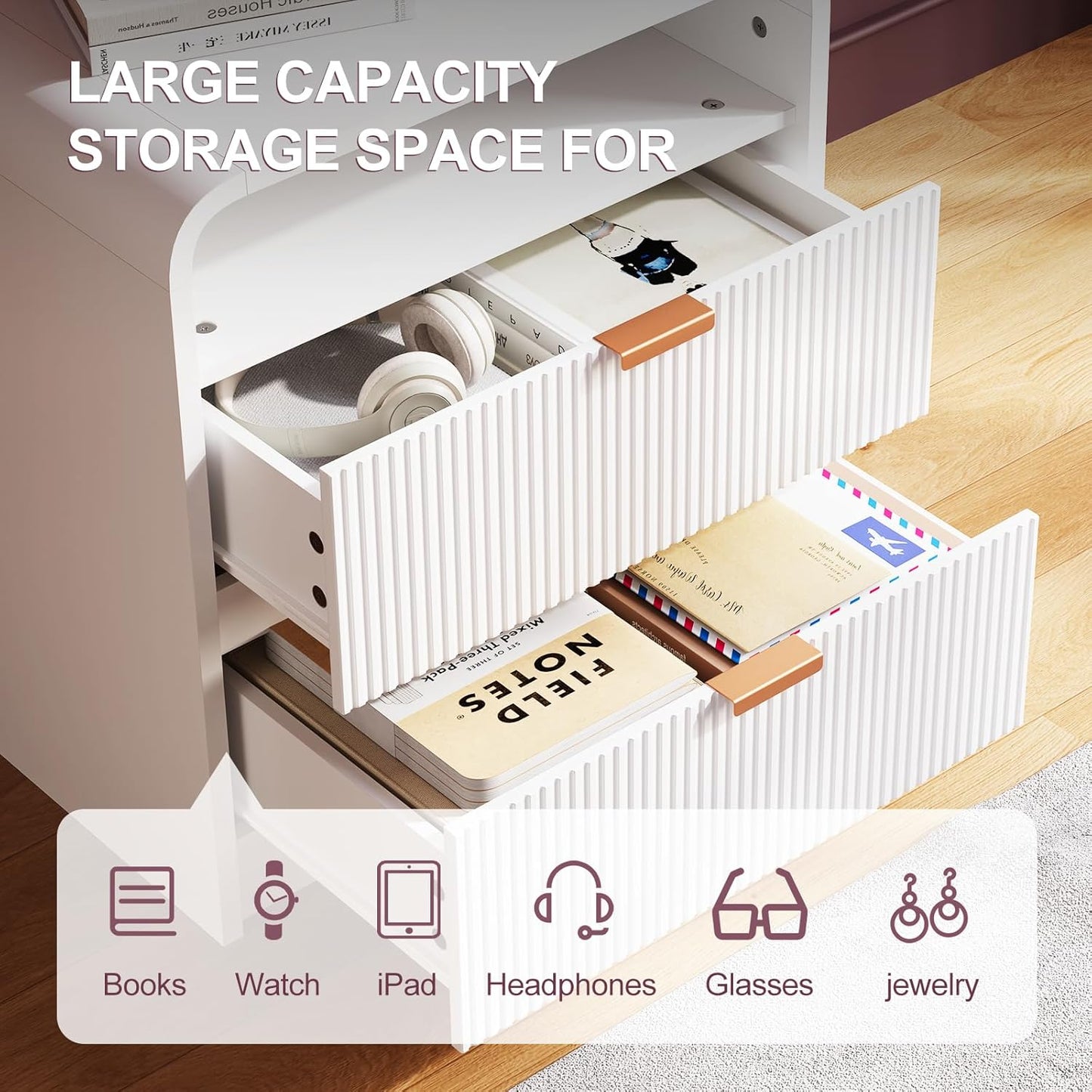 FURSUN 24" Fluted Nightstand Set of 2 with Charging Station, Wooden End Table with 2 Drawers Storage, Curved Profile Design, Modern Bedside Cabinet for Bedroom Living Room, White