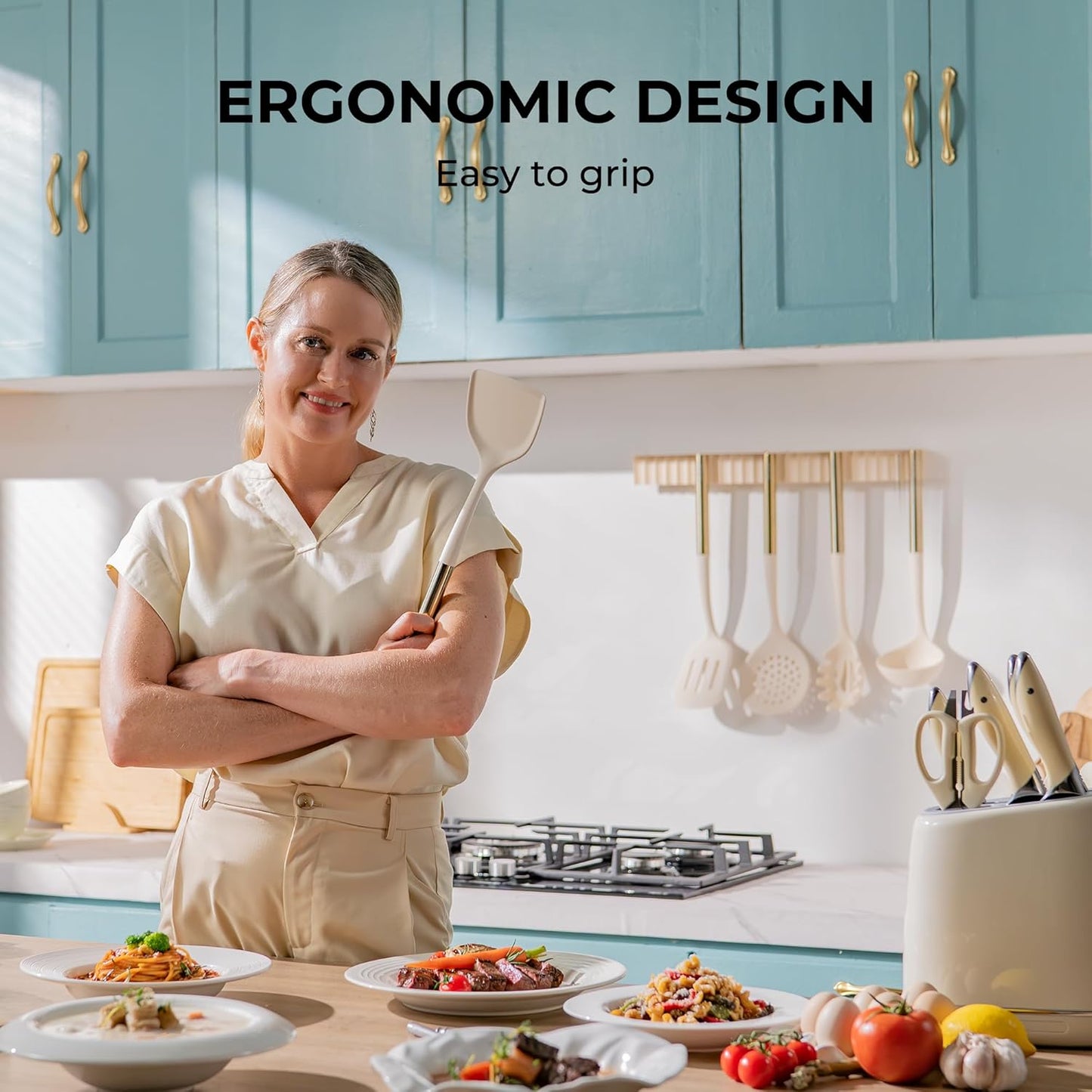 OOU Silicone Kitchen Cooking Utensils Set, 446°F Heat Resistant Kitchen Tool Set with Magnetic Wall Mounted Holder, 6 pcs Spatula Set with Stainless Steel Handle, Dishwasher Safe