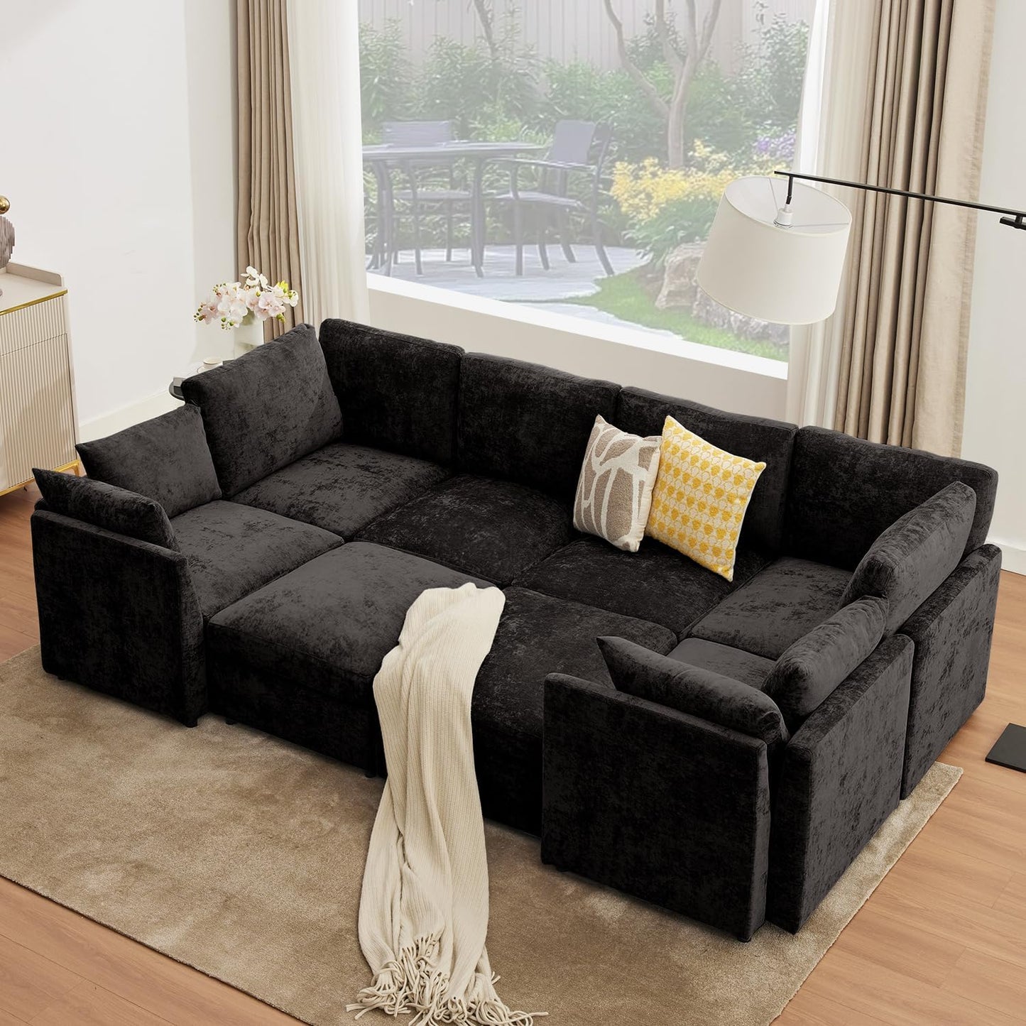 Tbfit U Shaped Couch 8 Seat, Sectional Sofa for Living Room,Chenille Cloud Couch with Ottoman, Black